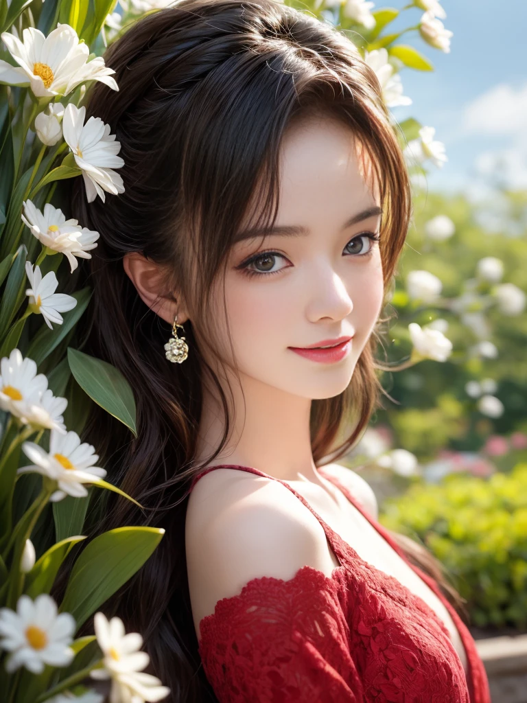 figure, Wearing a bright red dress,Complements her fair complexion, Stand elegantly in front of the blooming garden, bathed in the warm glow of the sun. The garden is full of colorful flowers, Including roses, tulips, and daisies, Create a picturesque backdrop. The girl is surrounded by a breeze, Let her hair sway gracefully. As she gazes into the distance,Her eyes reflected a sense of curiosity and innocence, Hinting at her charming smile, there is a story hidden behind it. Portraits are created with oil paints, Give it a rich and timeless feeling. The colors are vivid and vibrant, Focus on warm tones,Creates a feeling of warmth and well-being. The lighting is soft and natural, Cast a soft glow on the girl's face, The delicate details that enhance her facial features,Creates a sense of depth. The overall quality of the artwork is of the highest standard, Each brushstroke demonstrates the artist's skill and attention to detail. The level of realism is staggering, Make the portrait almost lifelike, Evoke a connection with the audience. This masterpiece captures the beauty and essence of the girl, provides a timeless and captivating manifestation of her existence.