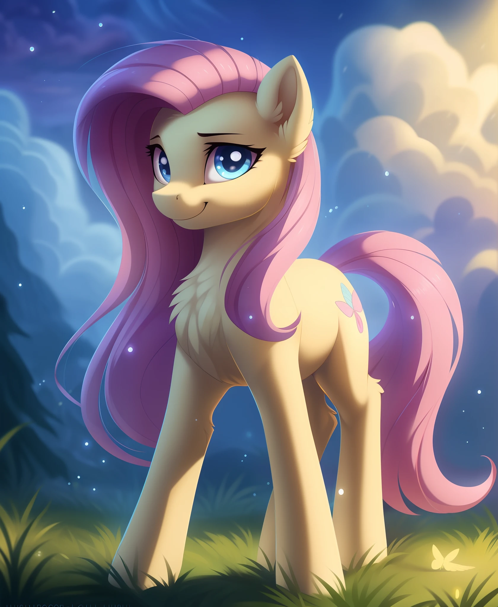 ((masterpiece)), ((best quality)), (8k), (high detailed), (beautiful), 1girl, feral, fluttershy, smile, one character, mlp, pony, my little pony, horse, wet  (full body shoot:1.2), detailed hair, detailed fur,, (hioshiru:1.0)