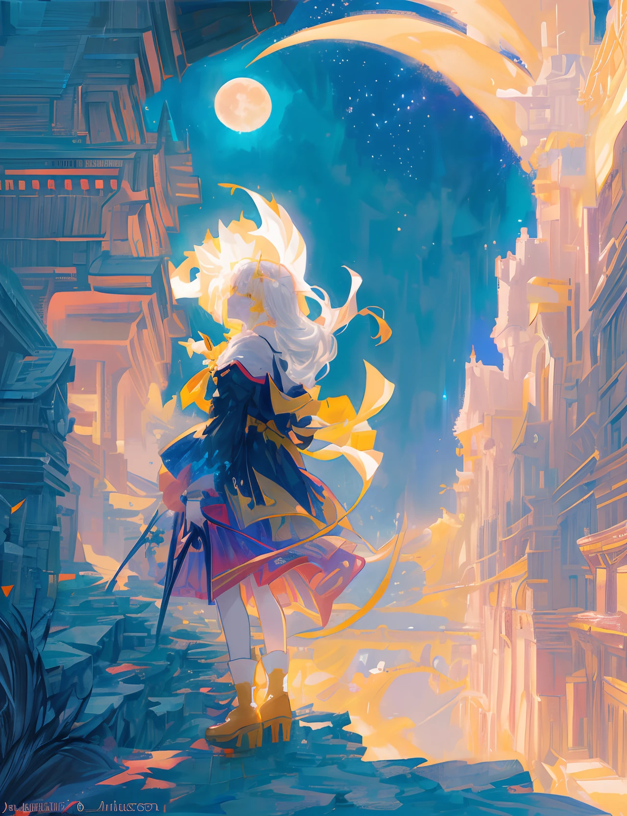 ((Supergiant pale yellow moon))((A girl who looks up at her profile and is subjectively depicted))、((Crying girl))、Profile Girls、On a multicolored background、River painting with stars and moon in rainbow sky、Shining skyscrapers、Shine across the board、Concept art inspired by Mitsuoki Tosa、pixiv contest winners、top-quality、Fantasyart、beautiful anime scene、Bright moon、Moonlit star environment、Dream painting、Anime Background Art、Fantasy landscape art、fantasy knight、anime backgrounds、background artwork、Fantastic art、atmospheric anime、starrysky、Detail has been enhanced。