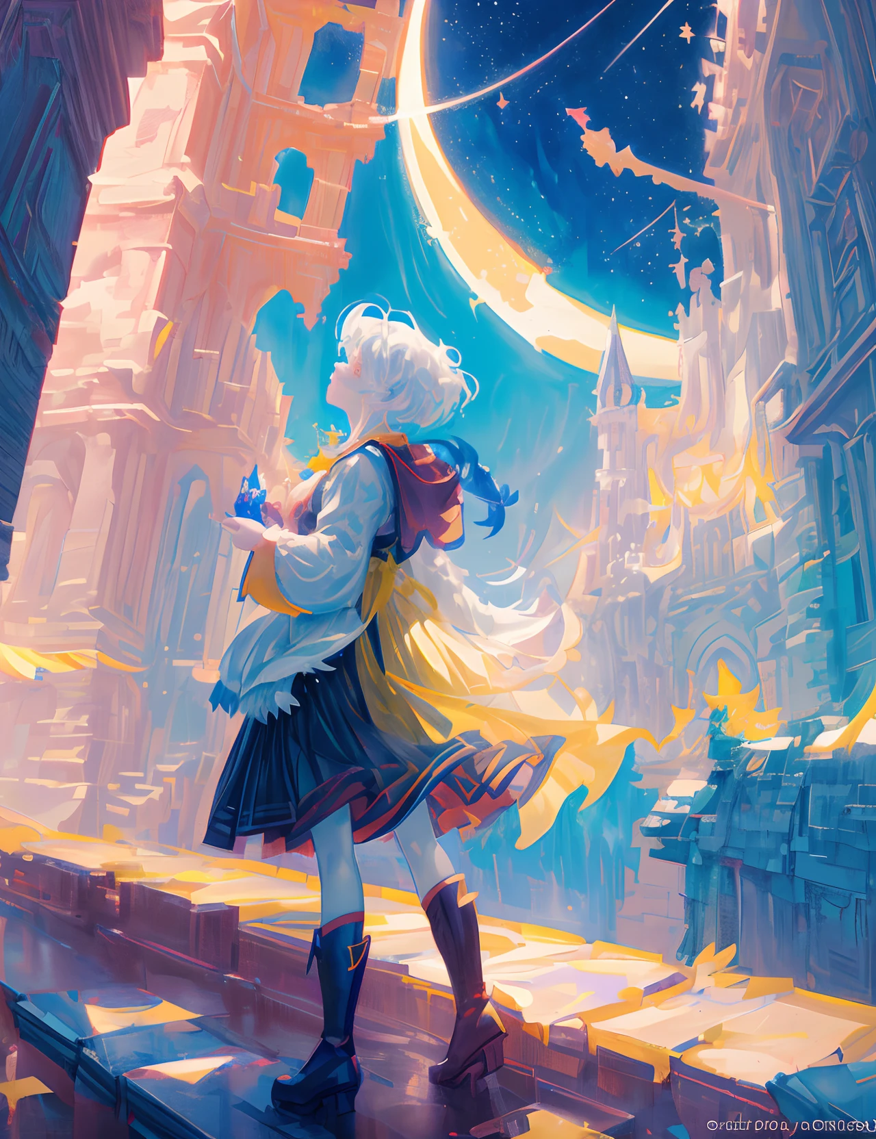 ((Supergiant pale yellow moon))((A girl who looks up at her profile and is subjectively depicted))、((Crying girl))、Profile Girls、On a multicolored background、River painting with stars and moon in rainbow sky、Shining skyscrapers、Shine across the board、Concept art inspired by Mitsuoki Tosa、pixiv contest winners、top-quality、Fantasyart、beautiful anime scene、Bright moon、Moonlit star environment、Dream painting、Anime Background Art、Fantasy landscape art、fantasy knight、anime backgrounds、background artwork、Fantastic art、atmospheric anime、starrysky、Detail has been enhanced。