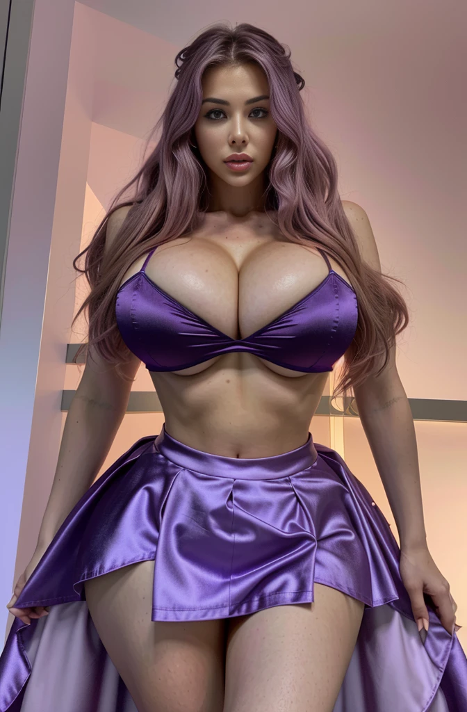 HighestQuali，tmasterpiece，A high resolution，Rose hair，Lori huge breasts cleavage，long whitr hair，1 woman，Purple skirt