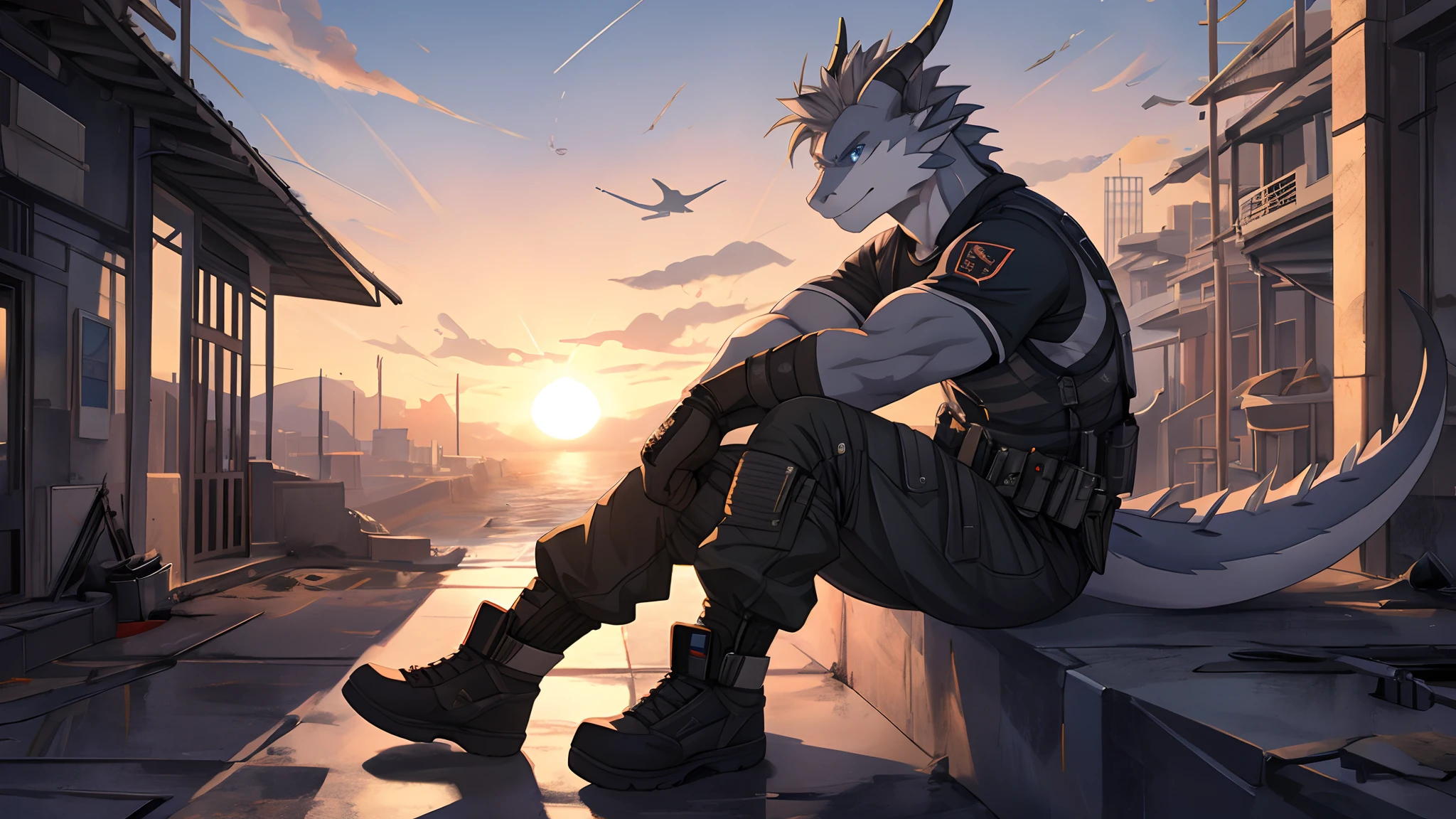 Masterpiece, Solo, Cool Pose, Furry Gray Dragon, Medium Strong Body, Blue Eyes, Grey Medium Hair, Combat Black Shirt, Combat Gloves, Combat Pants, Fierce, Good looking, Sitting. Afternoon, Sunset, Future After War Background.