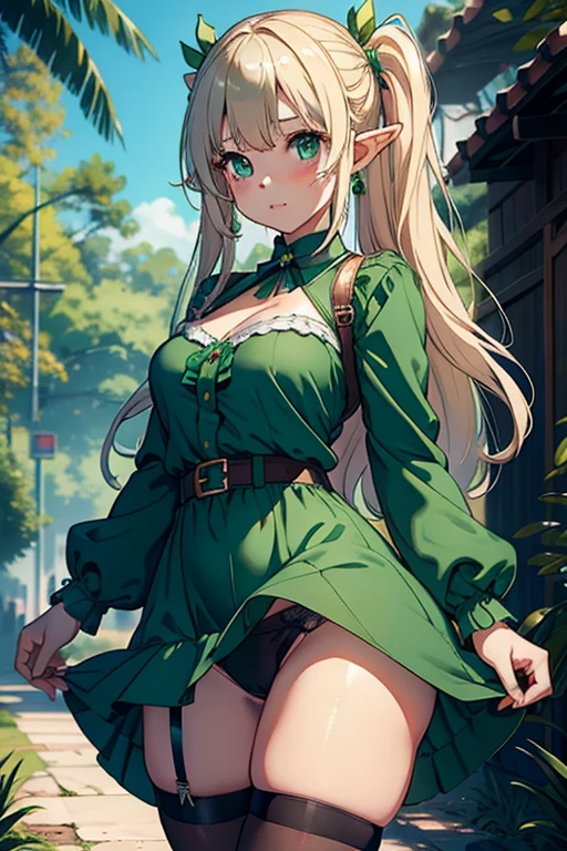 ultra realista 8k CG, master part, 1girl, cute face, thick thighs, elf dress, underwear, green theme