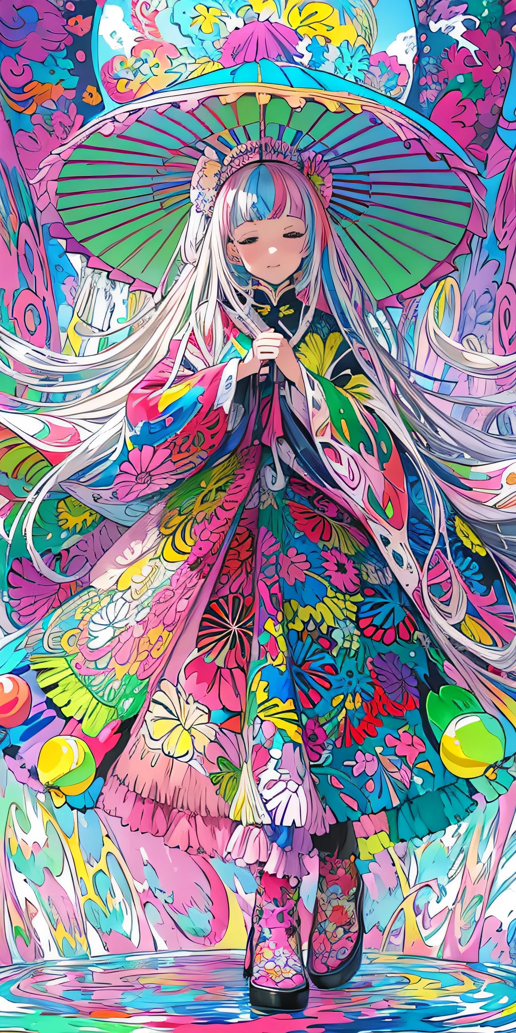(flat-colors:1.3)、(colourfull:1.8)、(masuter piece:1.2)、top-quality、masterpiece、Original、highly detailed wallpaper、looking at viewert、1 beautiful girl with a pattern、独奏、Colorful water levitation、(Fractal Art:1.6 )、