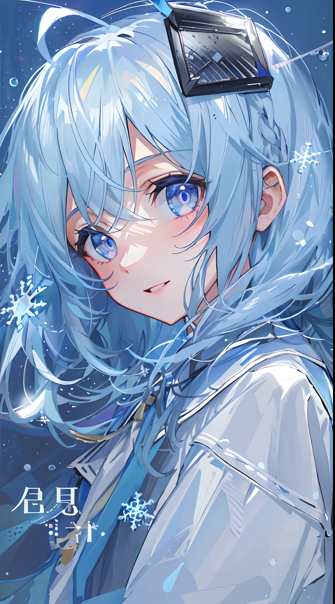 ((top-quality)), ((masterpiece)), ((ultra-detailliert)), (Extremely delicate and beautiful), girl with, 独奏, cold attitude,((Black jacket)),She is very(relax)with the(Settled down)Looks,A dark-haired, depth of fields,Evil smile,Bubble, under the water, Air bubble,bright light blue eyes,inner color with bright gray hair and light blue tips,,,,,,,,,,,Cold background,Bob Hair - Linear Art, shortpants、knee high socks、White uniform like school uniform、Light blue ribbon ties、Clothes are sheer、Hands in pockets、Bright eyes like sapphire,Fronllesse Blue, A small blue light was floating、Upper Eyes、glass shards、Snowflake Hair Ornament