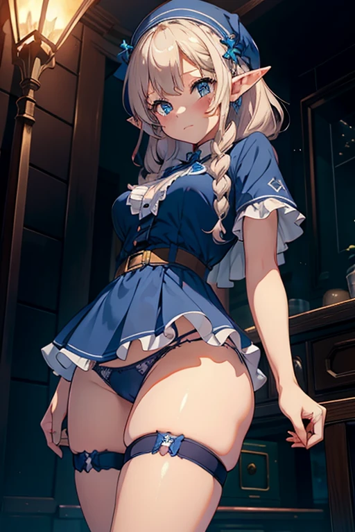 ultra realista 8k CG, master part, 1girl, cute face, thick thighs, elf dress, underwear, blue theme