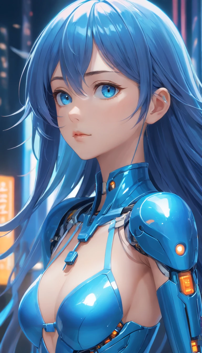 The best quality, high resolution, detailed 4k CG, masterpiece, amazing art, fine details, high details, complex details, blue long hair, girly feeling, big eyes, pure desire, lovely, young and beautiful, immortal，Flying ,, light and shadow, light，Gorgeous clothes，sea，Cyberpunk, mecha girl, mechanical body