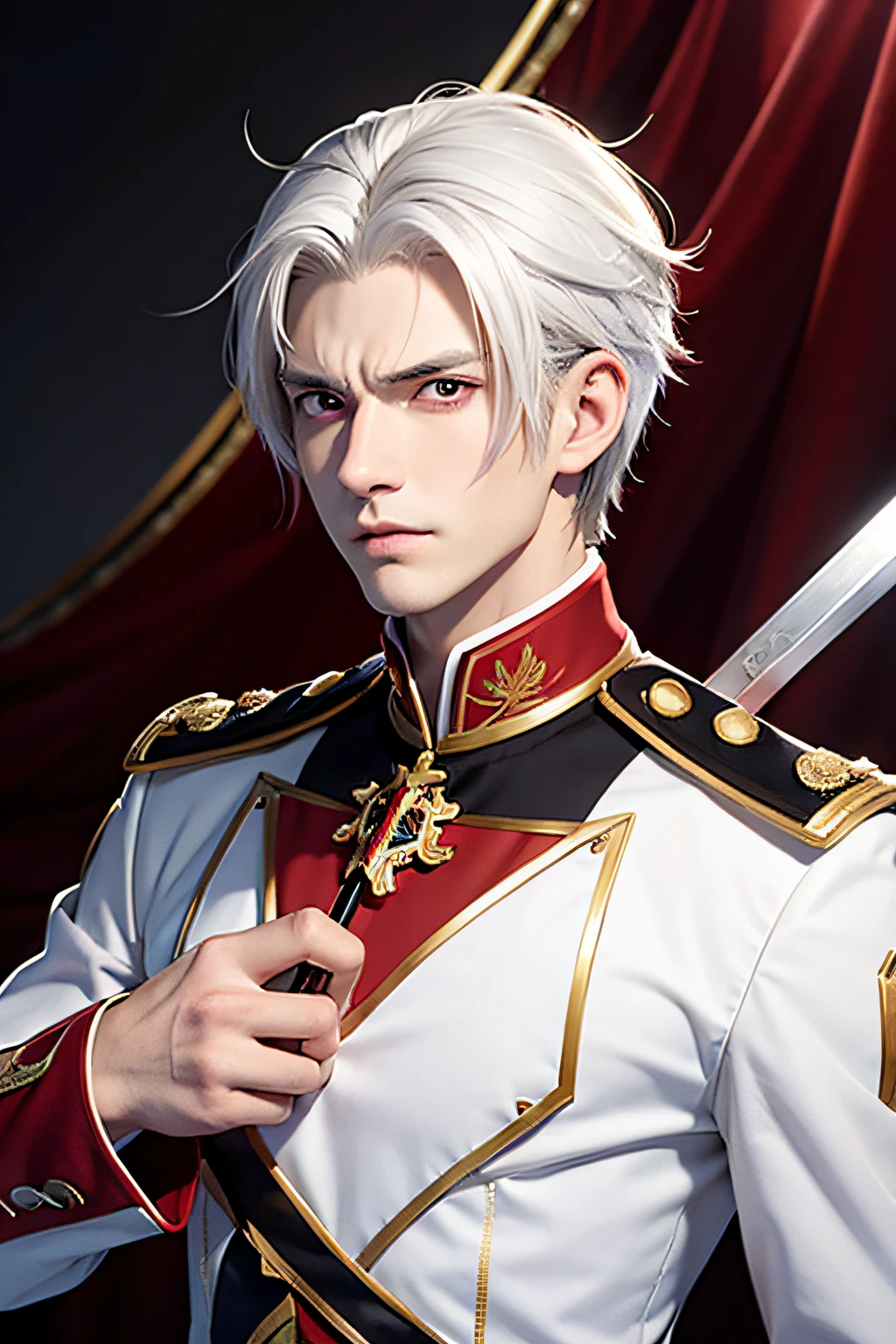 anime style, a man in his 30s, white hair with red stripes, red eyes, furious expression, holding a sword, longish uniform