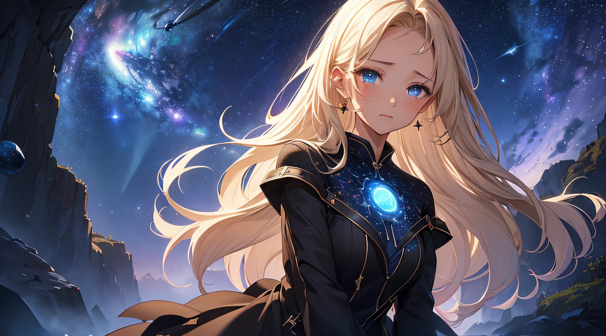 masterpiece、Background with((Fantastic starry sky、meteors、black hole))、Depth((Planets that glow blue))、a beauty girl、One-piece high-detail embroidery、a blond、heavy wind、is crying、