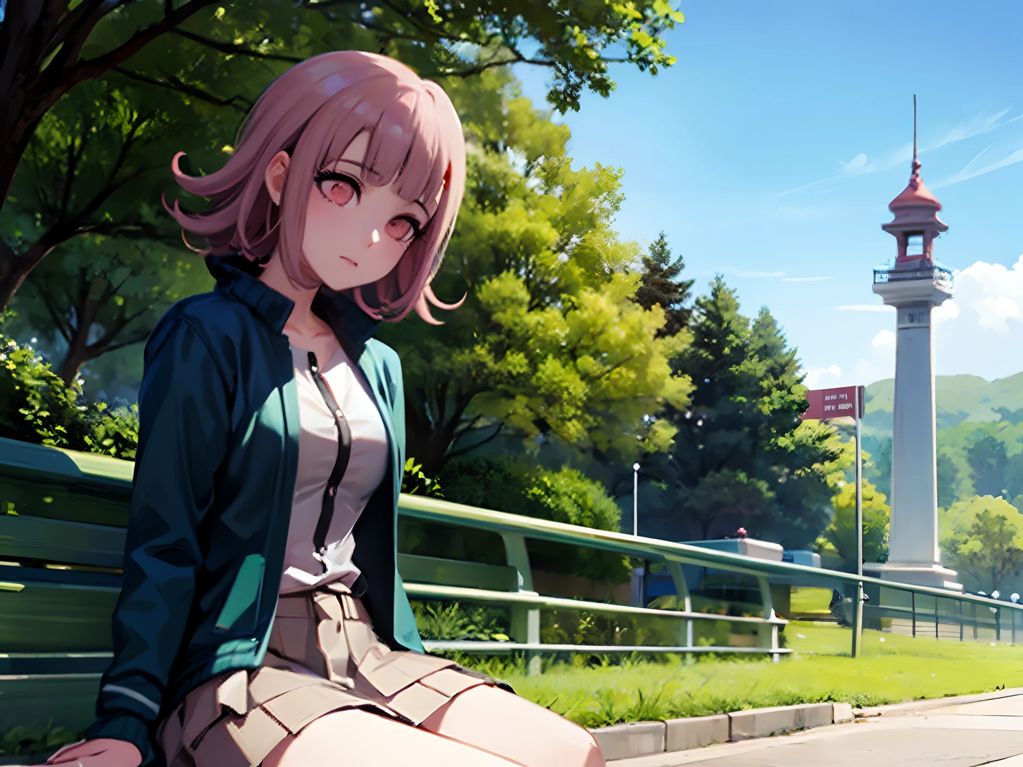 Chiaki nanami sentado en un banco del parque, Mirando al horizonte, pensativo, Estar absorto, Daylight, hermoso parque, Pelo corto rosa, ojos rosados, flequillo, Chaqueta con capucha verde azulado, Falda beige, Camisa con cuello de ehite, Horquilla, air particles, sentada, Descansando, 20 yrs old girl