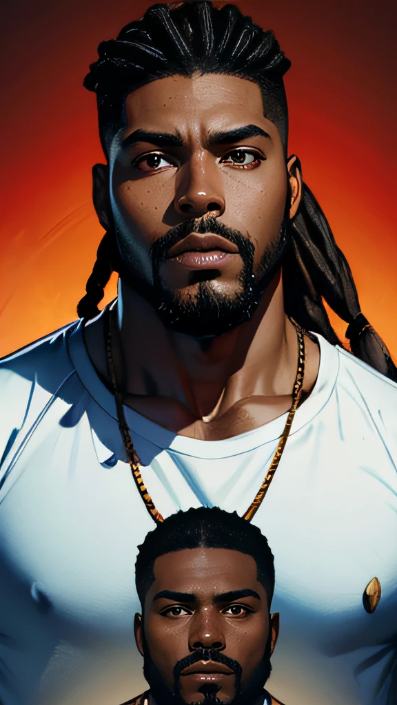 Winston Duke. young African man. fighter. face only. portrait. skinny. big full beard. extremely dark black skin. wide nose bridge. big nostrils. wide nose. yellow eyes. faint eyebrows. all black dreadlocks. plain t-shirt. slimmer. darker skin