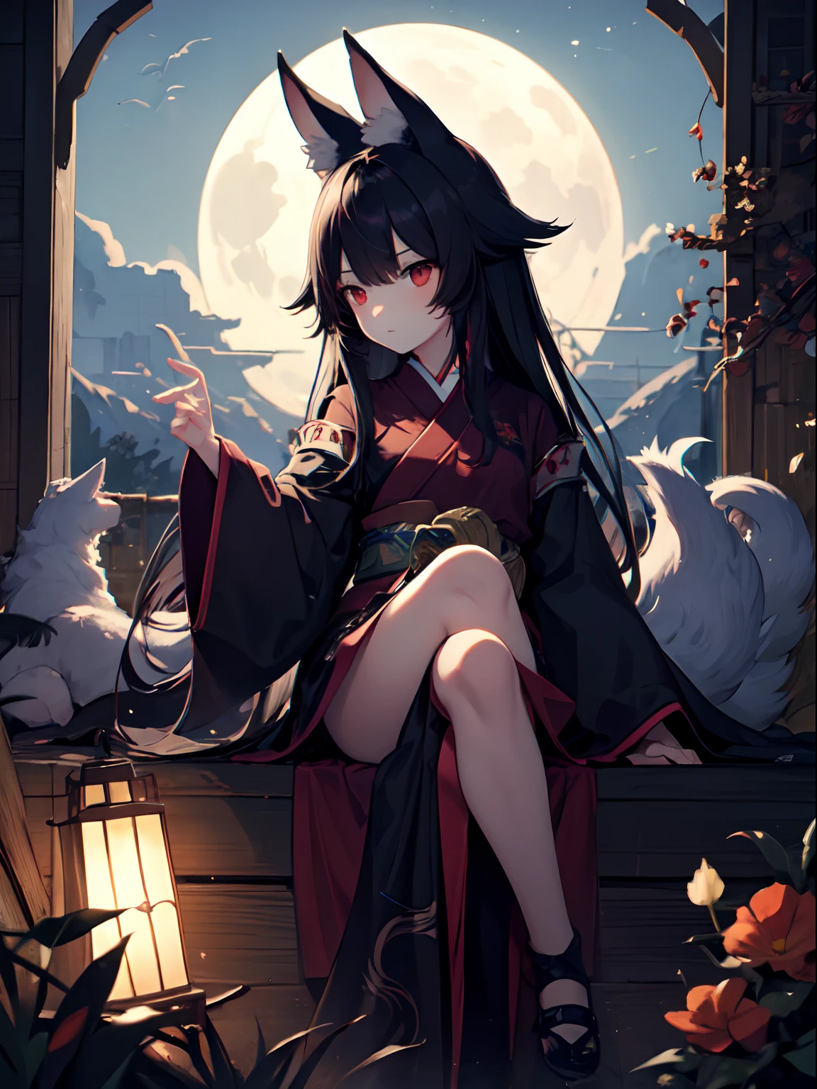 Small kitsune girl with red eyes, sleeves past fingers, eerie and menancing, under the moonlight, giant wolf sitting in background