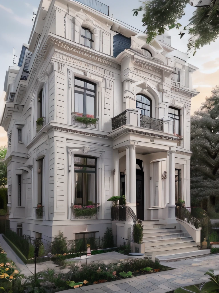 RAW photo, Masterpiece, high quality, best quality, realistic, super detailed, detailed molding, sharp, beautiful curves, exterior, (Louis style villa in the countryside), (wall white: 1.1), dark gray stone base, white painted railing, brown wooden glass window, (garden 1.1), landscape, trees, ((sunset)), sky, daily architecture, (degree high detail :1.2), 8k uhd, dslr, soft light, high quality, photography (Nikon Z7 with Nikon Z 70-200mm f-2.8 VR S)