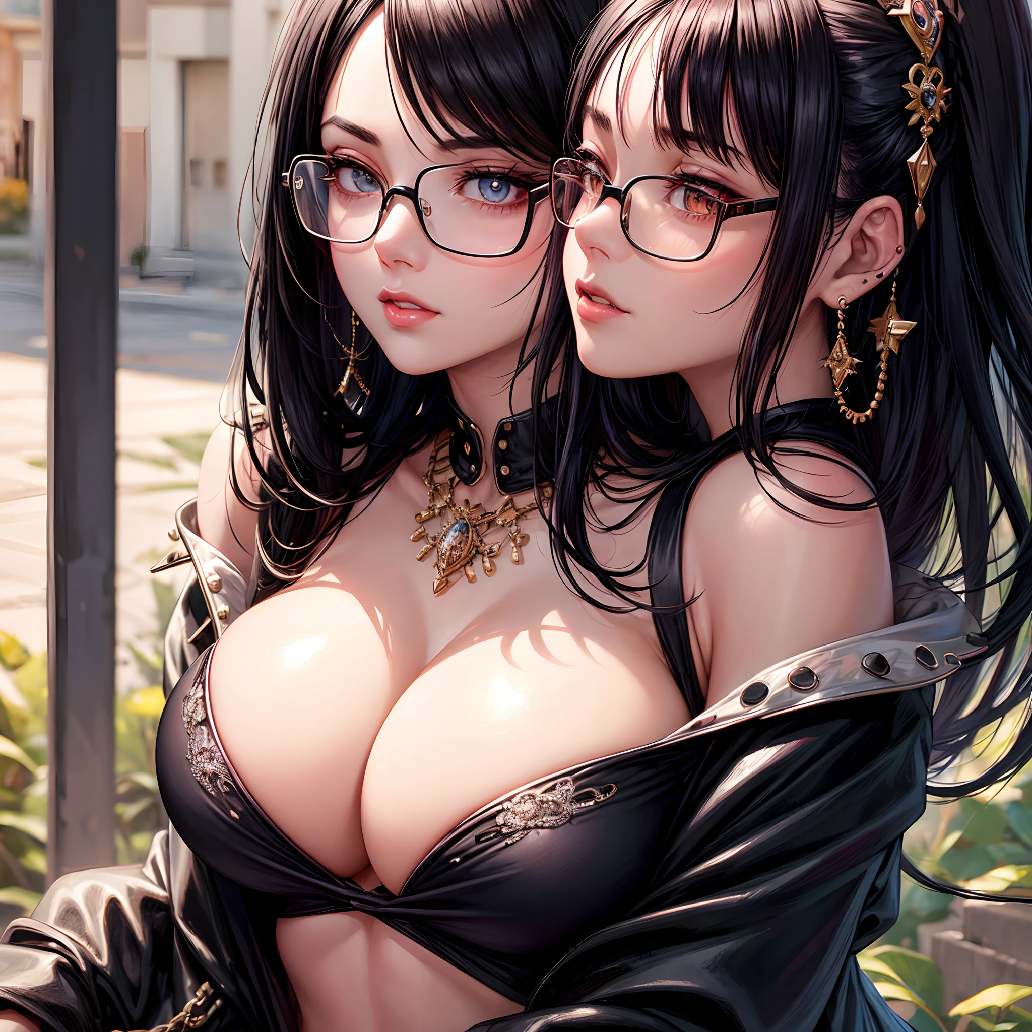 Black hair, Glasses, Stud earrings, Vintage, Feminine, 8K, masutepiece,a beauty girl, Best Quality, excellent details) huge tit, (High color saturation, Best Shadows, best light, Very delicate bleaching) Dark style