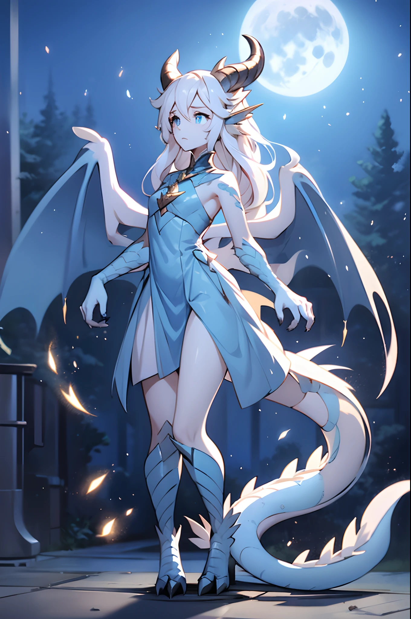 1woman, very long wavy white hair, glowing blue dragon eyes, pale blue scales, slender and tall, determined face, very long dress, dragon legs and hands, 2 wings, 1 tail, 6 horns with 3 on each side, under the moon, small-medium chest