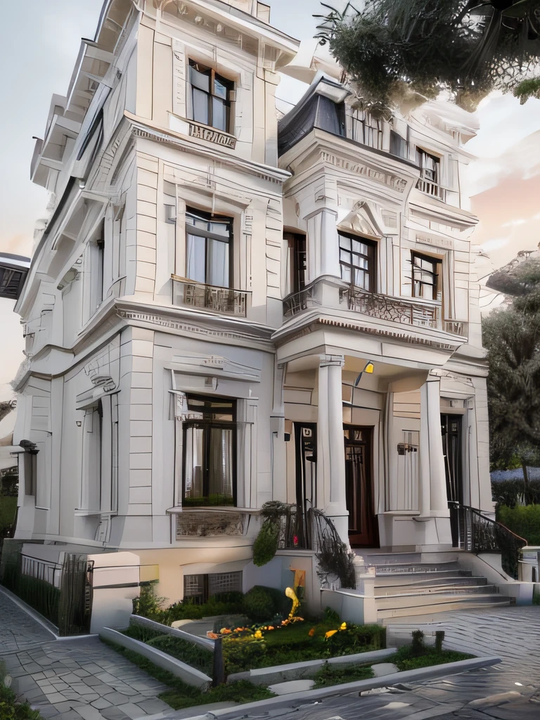 RAW photo, Masterpiece, high quality, best quality, authentic, super detail, exterior, (Louis style villa in the countryside), (white walls: 1.1), dark gray stone base, white painted railings, brown wooden glass windows, garden, landscape, trees, beach grass, ((sunset)), sky, archdaily architecture, (high detailed :1.2), 8k uhd, dslr, soft lighting, high quality, photography (Nikon Z7 với Nikon Z 70-200mm f-2.8 VR S)