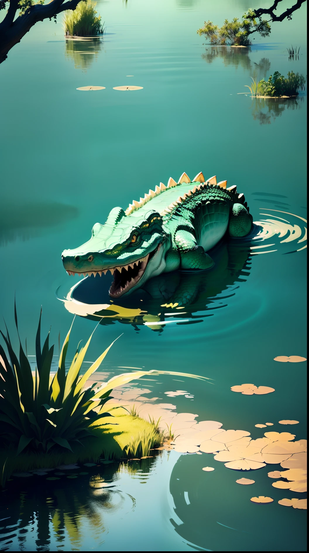 Give me a crocodile with tranquil waters around it and a silent swamp with simple lines and subtle shadows