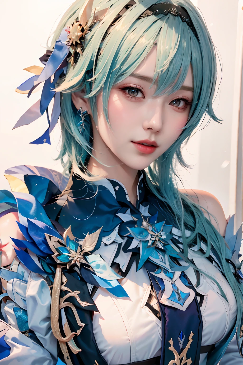 Beauty of a goddess, slim face, beautiful wan, 1girl, solo, (masterpiece:1.2), best quality, eula, genshin, high detailed, 8K resolution, looking at viewers, eula from genshin impact, outdoor, hairband, blue hair, necktie, cape, vision \(genshin impact\), long sleeves, gloves, sidelocks, smiling, slender figure, ((wide beautiful eyes)), (((a close up portrait photo, head to bust)))