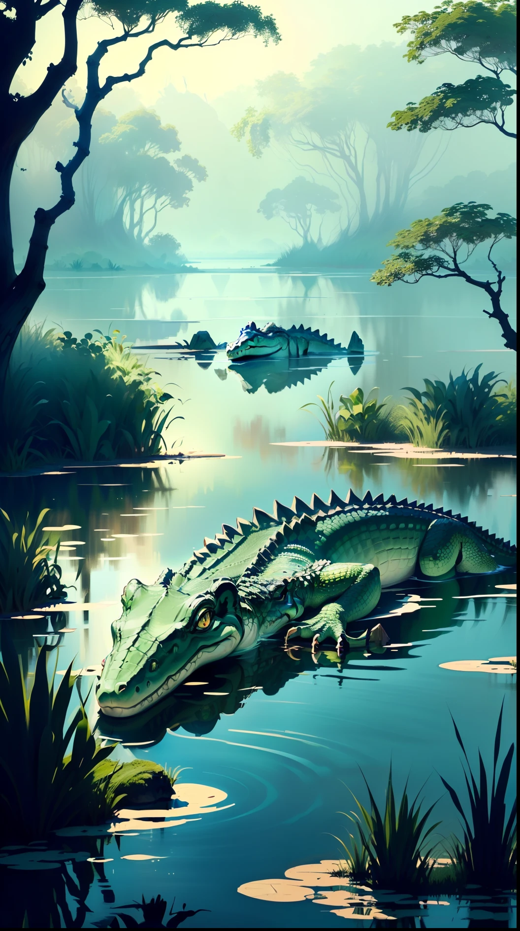 Give me a crocodile with tranquil waters around it and a silent swamp with simple lines and subtle shadows