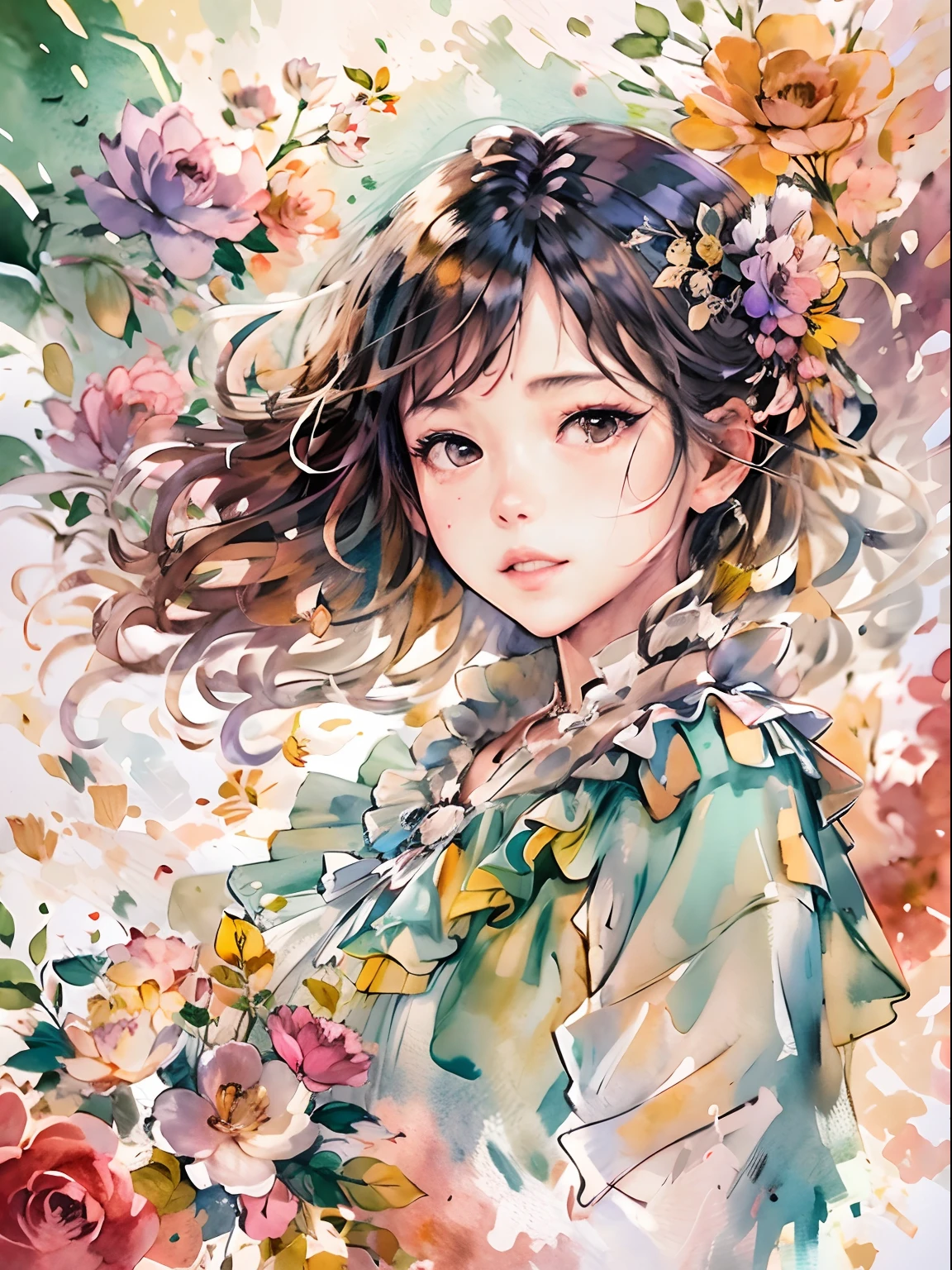 (masutepiece),Best Quality,Illustration,Art Nouveau,Sumi-e,Portrait,Only_1girl in_Face,(White background:1.4),(the Extremely Detailed CG Unity 8K Wallpapers:1.1),(Colorful:0.8),,(Solo:1.2), (Ink splashing),(splashes of colour),((watercolor paiting)),rose background,Outdoors,boulders,Soft smile,pure,(Beautiful),Detailed and complex patterns,colorwater,(Face Focus),Looking at Viewer、Dress、