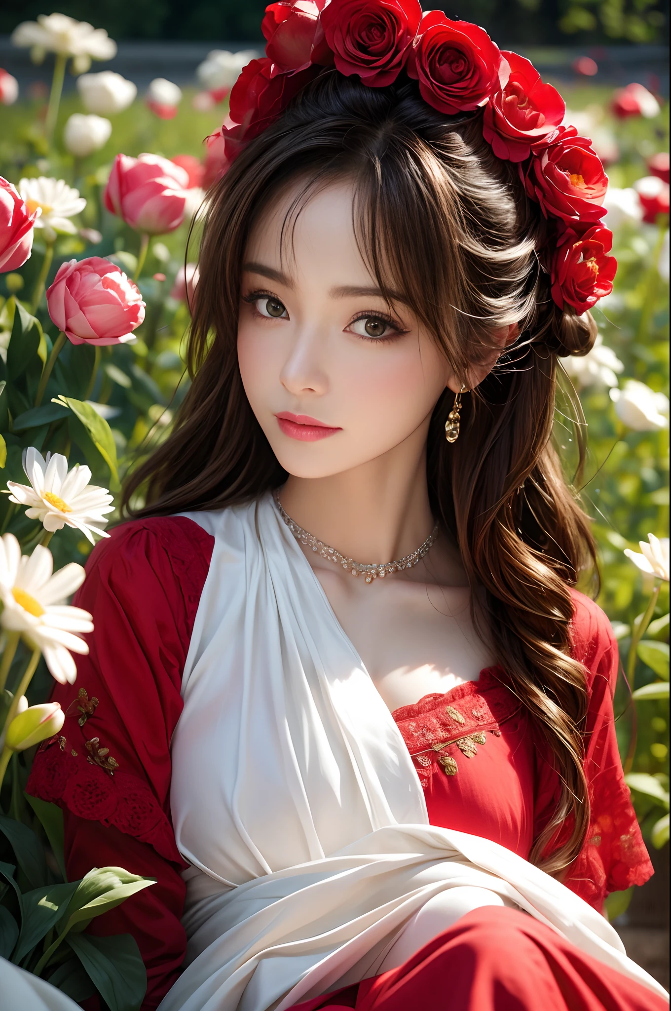 figure, Wearing a bright red dress,Complements her fair complexion, Stand elegantly in front of the blooming garden, bathed in the warm glow of the sun. The garden was full of colorful flowers, Including roses, tulips, and daisies, Create a picturesque backdrop. The girl is surrounded by a breeze, Let her hair sway gracefully. As she gazes into the distance,There was a curiosity and innocence in her eyes, Hinting at her charming smile, There's a story behind it. Portraits are created with oil paints, Give it a rich and timeless feeling. The colors are vivid and vibrant, Focus on warm tones,Create a feeling of warmth and well-being. The lighting is soft and natural, Cast a soft glow on the girl's face, exquisite detailing,Enhances her facial features,Create a sense of depth. The overall quality of the artwork is of the highest standard, Each stroke demonstrates the artist's skill and attention to detail. The level of realism is astounding, Make the portrait almost lifelike, Evoke a connection with the audience. This masterpiece captures the beauty and essence of the girl, provides a timeless and captivating manifestation of her existence.
