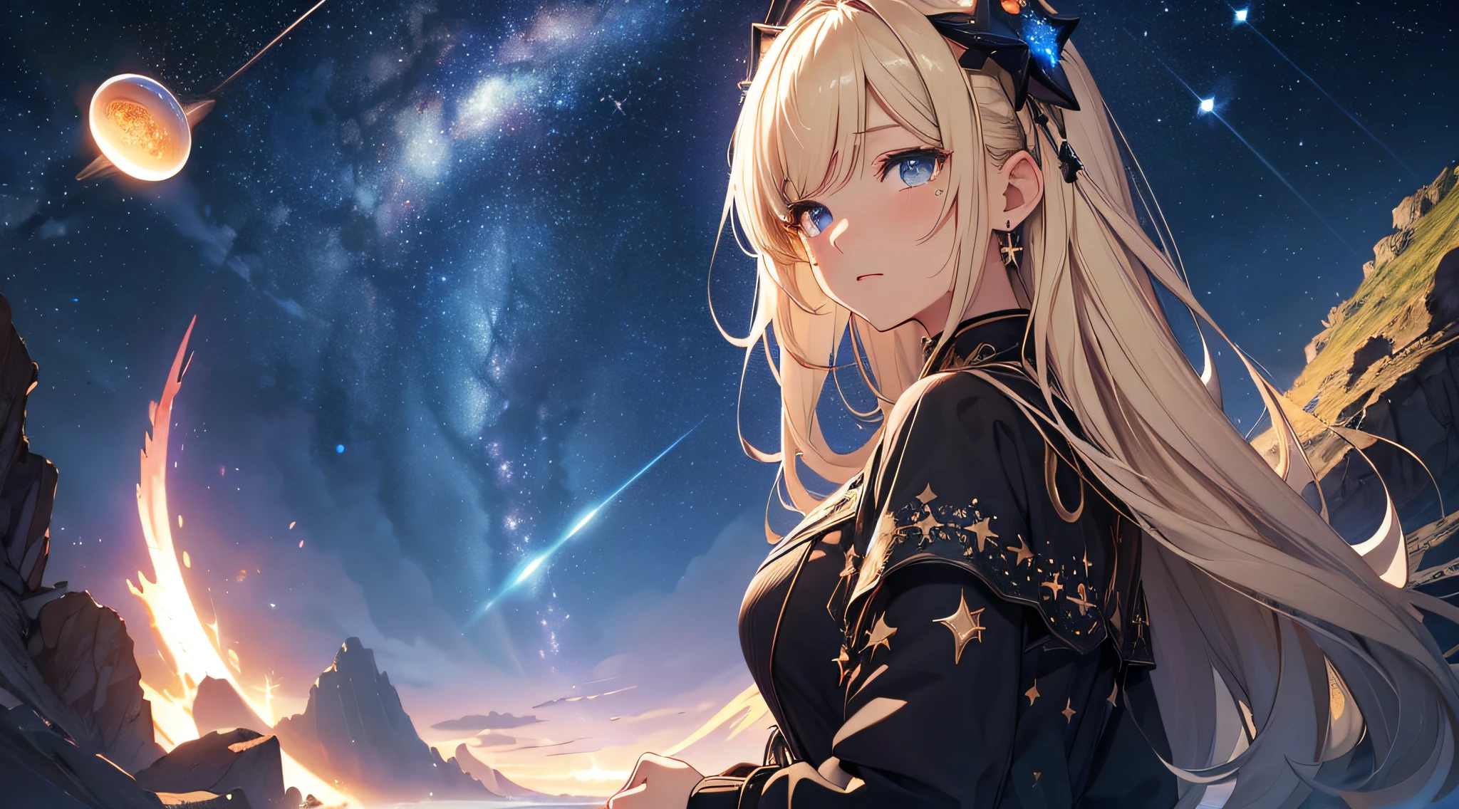 masterpiece、Background with((Fantastic starry sky、meteors、black hole))、Depth((Planets that glow blue))、a beauty girl、One-piece high-detail embroidery、a blond、heavy wind、is crying、
