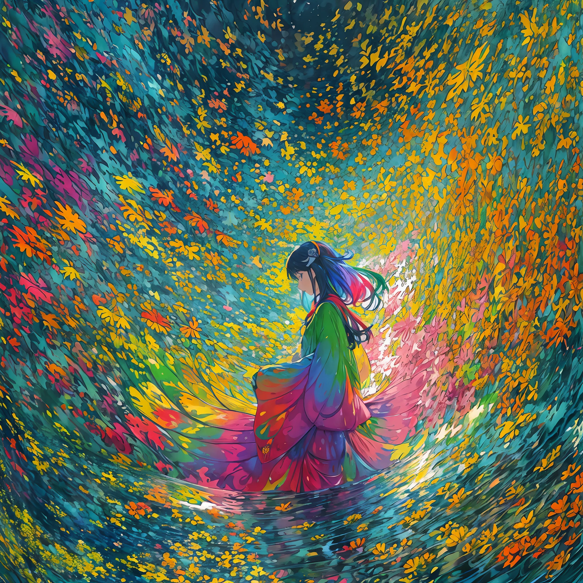 (flat-colors:1.4)、(colourfull:1.8)、(masuter piece:1.2)、top-quality、masterpiece、Original、highly detailed wallpaper、looking at viewert、1 beautiful girl with a pattern、独奏、Colorful water levitation、(Fractal Art:1.2 )、