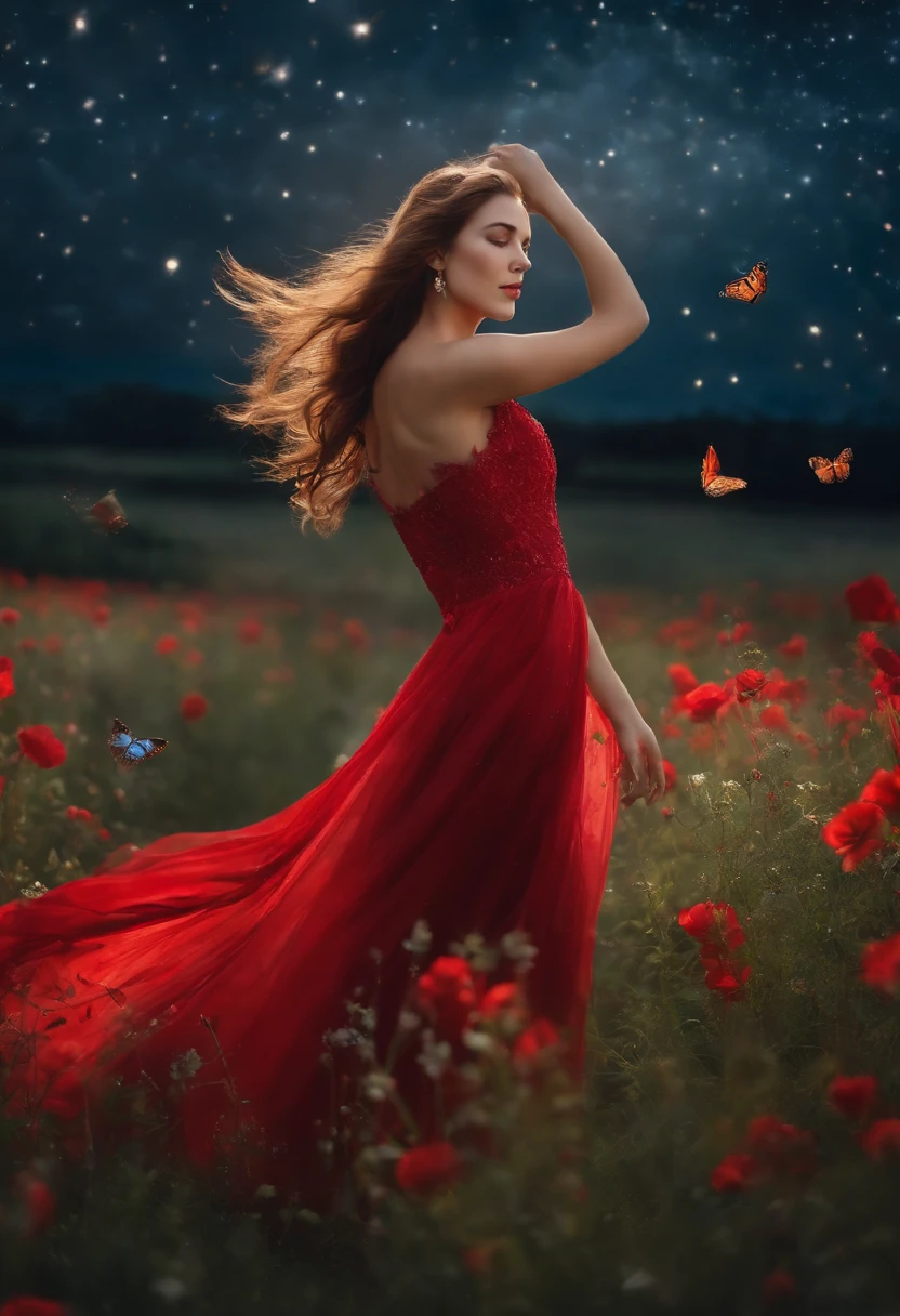 Portrait of a girl in a long red dress dancing in a field of flowers, stars, Butterflies, Grass realism, Beautiful lighting, magic, The fantasy of silver time, photographed, during night .