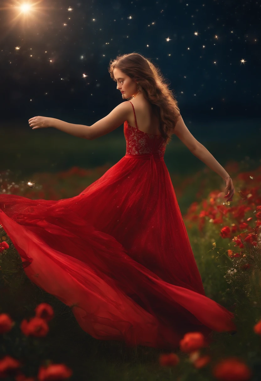 Portrait of a girl in a long red dress dancing in a field of flowers, stars, Butterflies, Grass realism, Beautiful lighting, magic, The fantasy of silver time, photographed, during night .