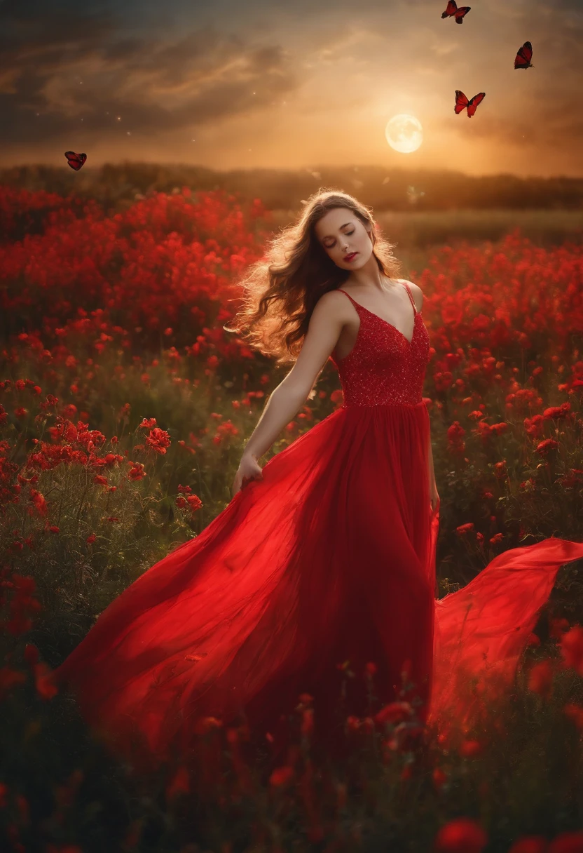 Portrait of a girl in a long red dress dancing in a field of flowers, stars, Butterflies, Grass realism, Beautiful lighting, magic, The fantasy of silver time, photographed, during night .