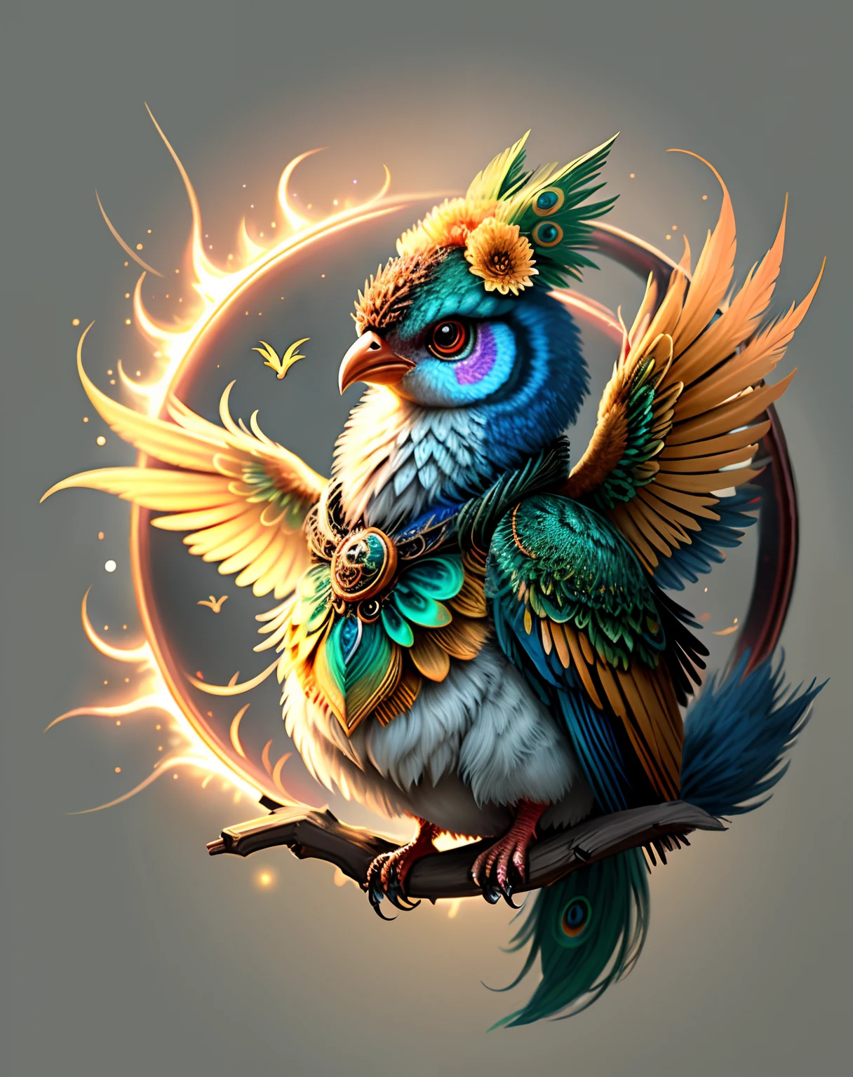 Top image quality、"Create cute creature masterpieces with inspired ultra-detailed concept art. Let your imagination come alive", ((Immortal Bird))、（phoenix）、（fengxi）,Flashy appearance like a peacock、 high detailing, in 8K、Top image quality、jump up、uses magic、The background is the magic of fire