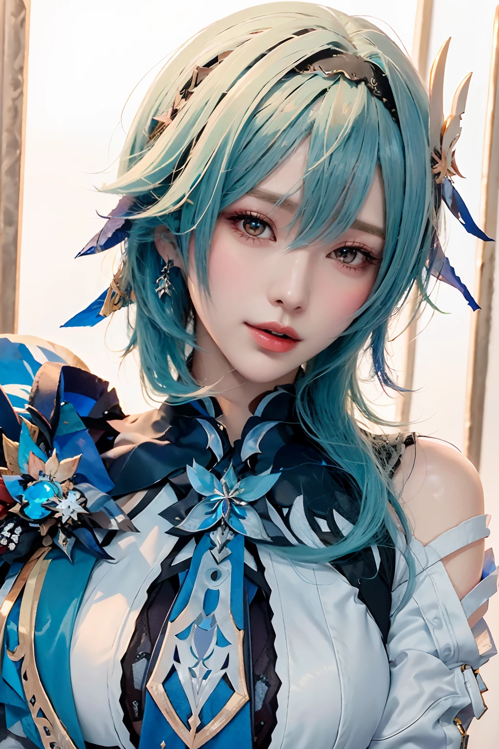 Beauty of a goddess, slim face, beautiful wan, 1girl, solo, (masterpiece:1.2), best quality, eula, genshin, high detailed, 8K resolution, looking at viewers, eula from genshin impact, outdoor, hairband, blue hair, necktie, cape, vision \(genshin impact\), long sleeves, gloves, sidelocks, smiling, slender figure, ((wide beautiful eyes)), (((a close up portrait photo, head to bust)))