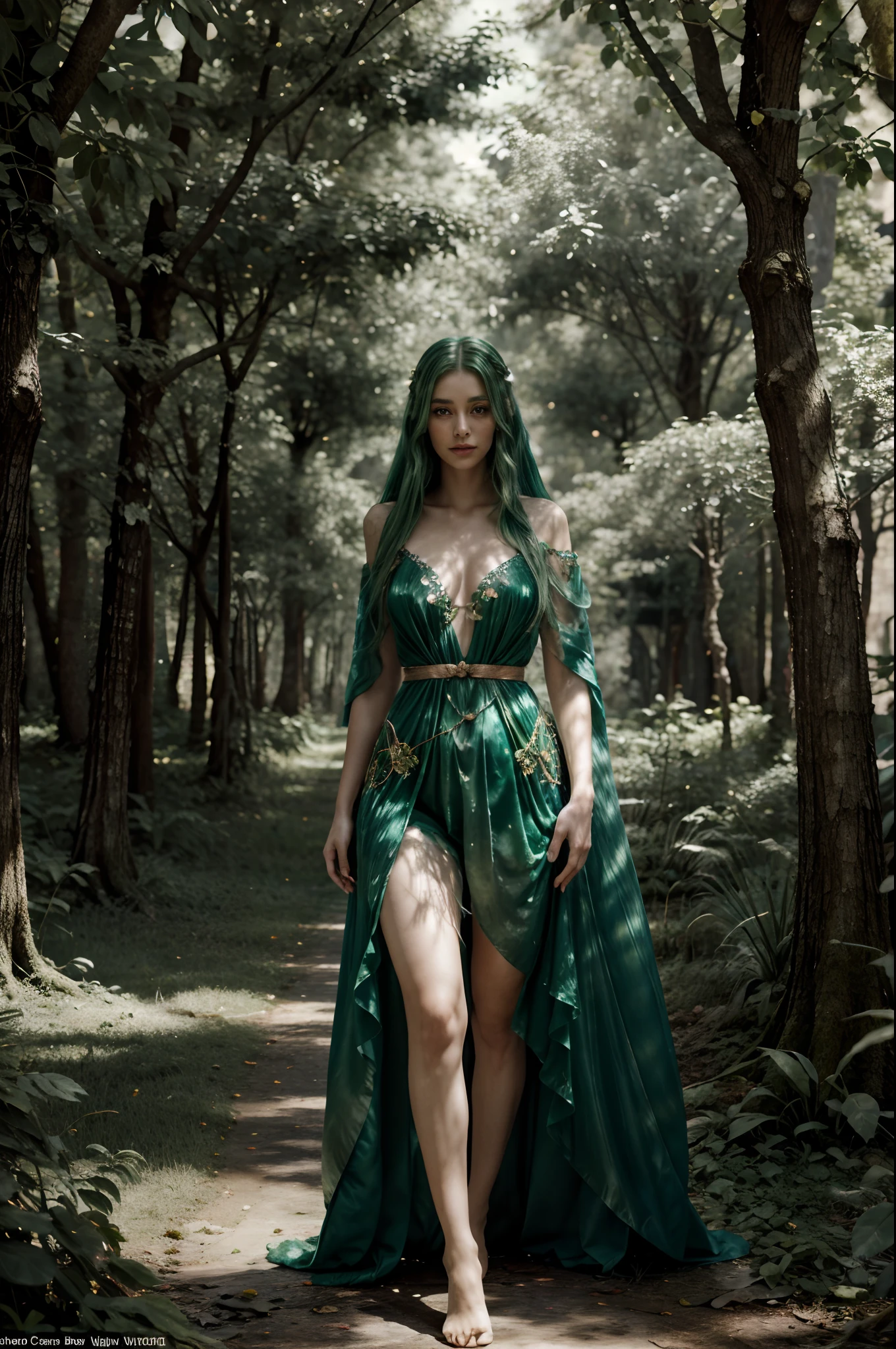 8K Ultra HD, highly detailed, we are transported to a mystical forest where the enigmatic beautiful Nature Witch resides, At the center of the painting stands the beautiful Nature Witch, a striking figure of ethereal beauty, Her presence is an embodiment of the very essence of nature itself, She has flowing, emerald-green hair that appears to be woven from the very vines and leaves that surround her, Her eyes, as deep as the forest itself, radiate a gentle wisdom and connection to all living things, The beautiful witch is adorned in a gown made of living flowers and leaves, as if she herself is a part of the forest, The gown shimmers with a soft, iridescent glow, reminiscent of morning dew on petals, luminism, 3d render, by yukisakura, awesome full color,