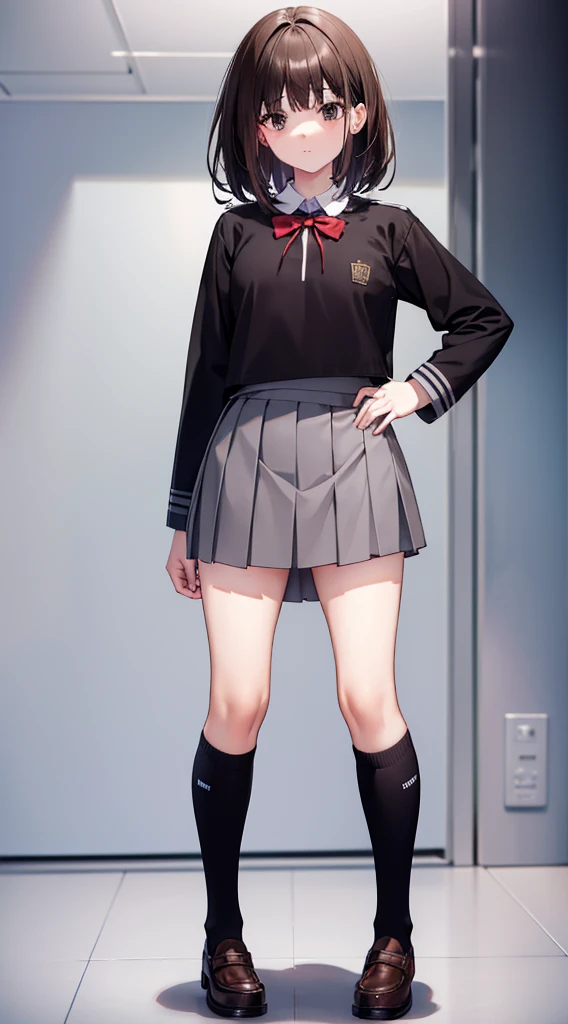 masterpiece, top-quality, hight resolution, KR1, brown-eyed, bluntbangs, kibito high school uniform, skirt by the, Sweaters, pleatedskirt, Black knee socks , full body focus, put hands on the hip,