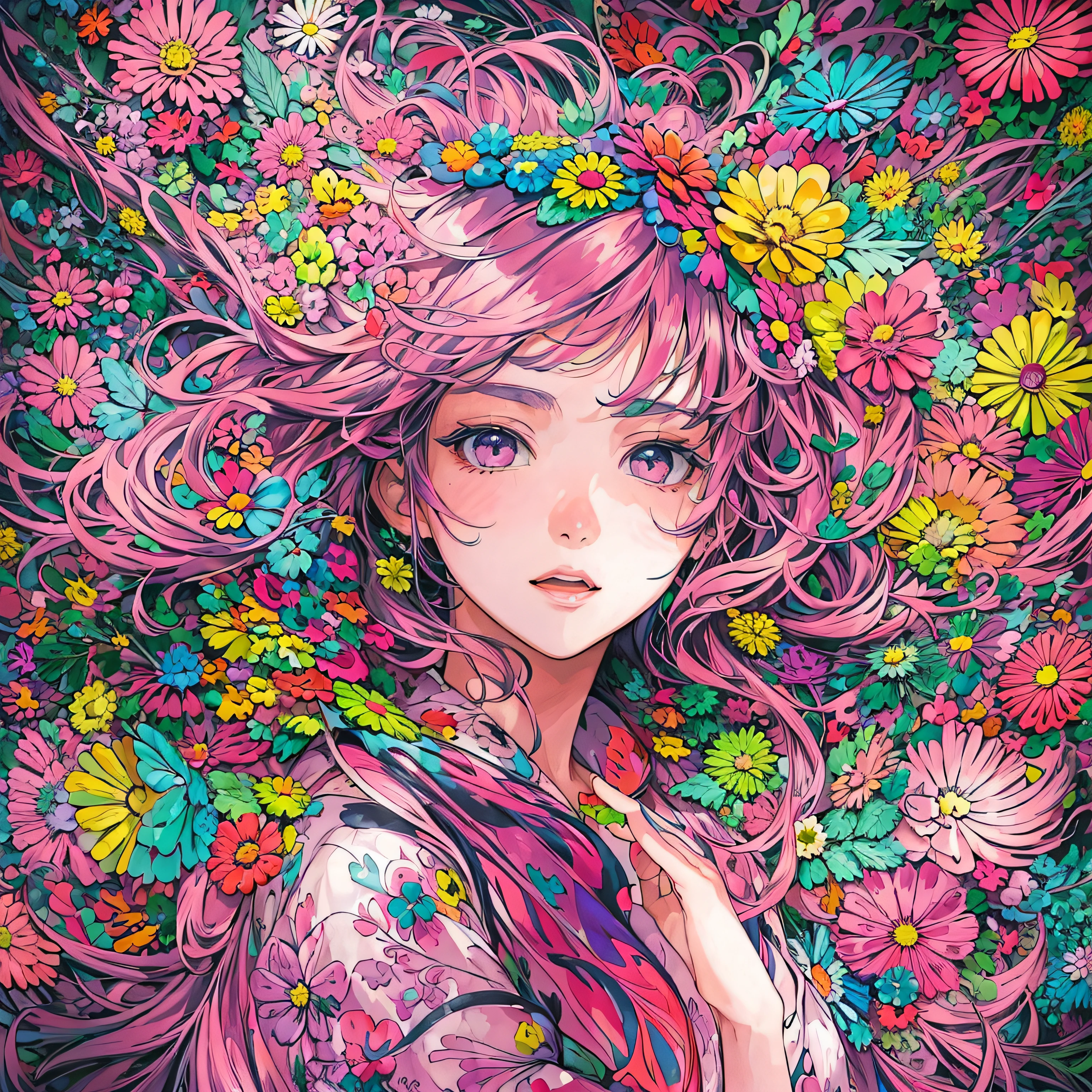 (flat-colors:1.4)、(colourfull:1.8)、(masuter piece:1.2)、top-quality、masterpiece、Original、highly detailed wallpaper、looking at viewert、1 beautiful girl with a pattern、独奏、Levitation of colorful petals、(Fractal Art:1.4 )、