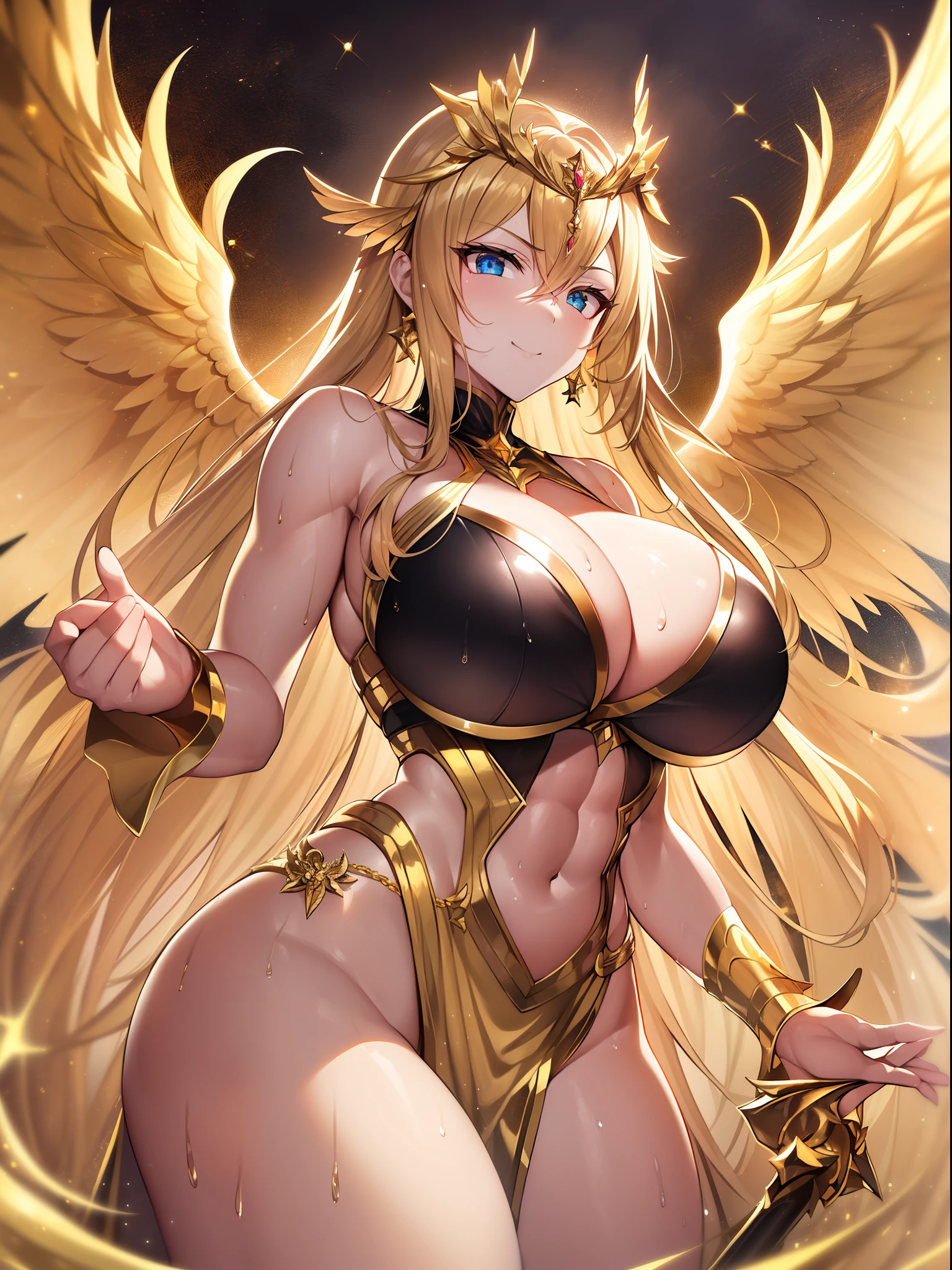 Outrageous resolution、masutepiece++,top-quality++,ultra-defined++, ultra-defined++,4K++,8K++,(Background Focus)++, Highly detailed, Viewer's Perspective、（（Golden Palace））++、((１Man))++, ((A gold-clad angel in a battle posture)), ((((Battle-mad gold-clad angel))))++++,（Angel in gold）、((Golden wings clad in gold))++, (((Gorgeous golden cloth)))+++,(((golden  glowing)))++++,（Luxurious bangles）、((Condescending gaze))+ +,((Luxurious Golden Foot Rings)) ++, (Golden Globe) +,（Sharp eyes）、(Golden blonde)、（The long-haired）、(Super shiny hair and skin), (Sunlight),((Beautiful)),(Huge breasts_Body: 1.5),(Huge breasts:1.5), Muscular girl with clearly visible abs and muscles, Sweaty body, cleavage, Dynamism, (Abs cleansing and shaving, Muscle muscle thighs) +, A lively smile, Perfect eyes, Perfect hands, Perfect nose, Magic Battle Dark, Bright atmosphere, (wet effect) +, (light effect), (Cinematic Light) + , (Like a movie of light) +