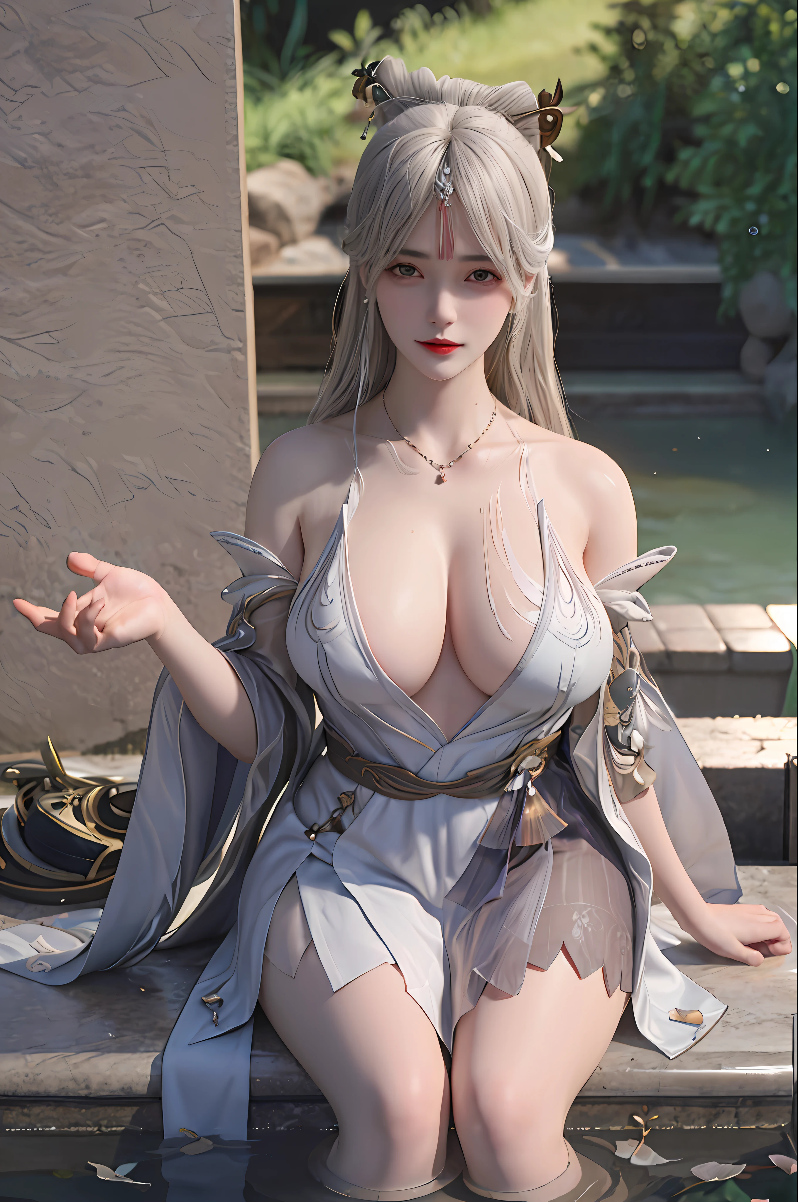 delicated best quality ,masterpiece, illustration, an extremely delicate and beautiful, extremely detailed ,CG ,unity ,8k wallpaper, Amazing, finely detail, masterpiece,best quality,official art,extremely detailed CG unity 8k wallpaper,absurdres, incredibly absurdres, huge filesize , ultra-detailed, highres, extremely detailed,beautiful detailed girl, extremely detailed eyes and face, beautiful detailed eyes,light on face,1girl, (ningguang\genshin impact), (Super realistic), (((White hair))), Long hair, (red eyes), ((jewelry)), (((describe the arm in detail))), (((Super ))), ((Big ass))(thighs)), big Long legs, ((stockings)), ((Plump body)), (Big breamp boobs)),, (detailedription of hair), (ruby necklace), (gem earrings),
(Bare shoulder), ((collarbone)), ((offshoulder)), (Shiny skin), (detailed description of face), (detailed description of body), (white and translucent skin), peerless beauty, (extreme beauty), (red lips), (shy ), ( smile), ((cherry blossom)), (falling petal), ((bathrobe)), ((long sleeves)), ((wide sleeves)), thin silk, penetration, (Japanese hot spring), ((facing the viewer)), ((facing)), , ((any pose)), (((soaked))), ((sit and soak in the water)), ((There is a lot of water on the body))