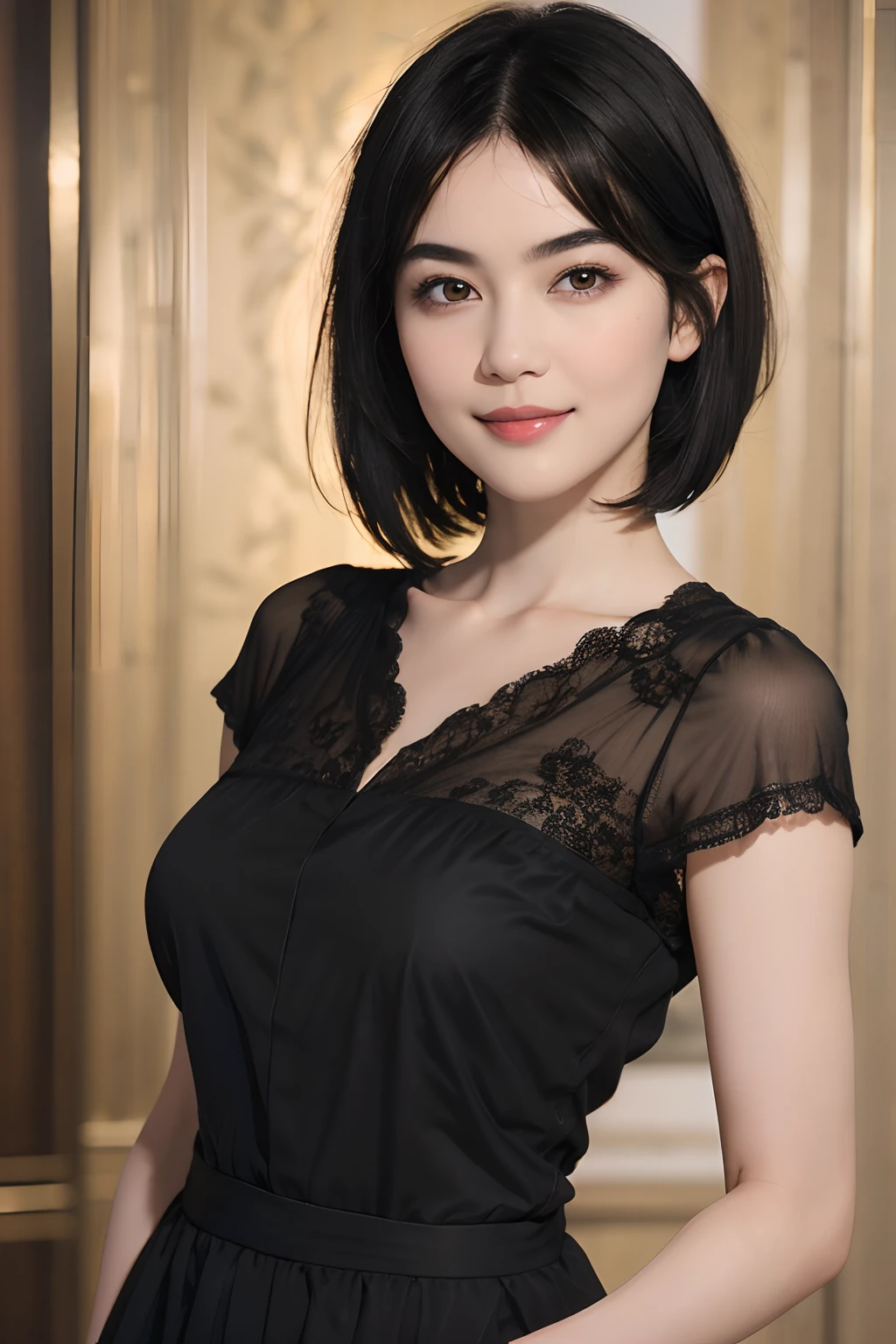 96
(a 20 yo woman,is standing), (A hyper-realistic), (high-level image quality), ((short-hair:1.46)), (Smooth black hair), (Gentle smile), (Keep your mouth shut)