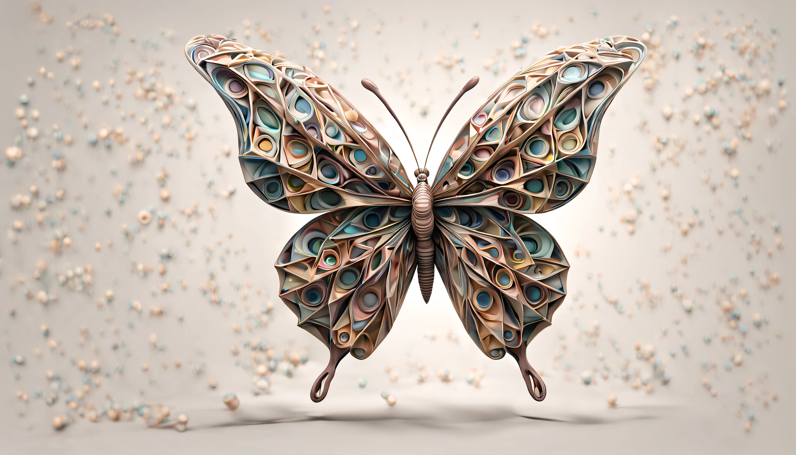 Hyperdetailed geometric niji entitled ("Butterfly effect"), geometric butterfly, (koan), matte, organic, understated, (meditative: 1.2), (harmonic), cerebral, (interconnected), (introspective), psyche, balanced and reciprocal, recursive, super-symmetry, [labyrinth], concept,