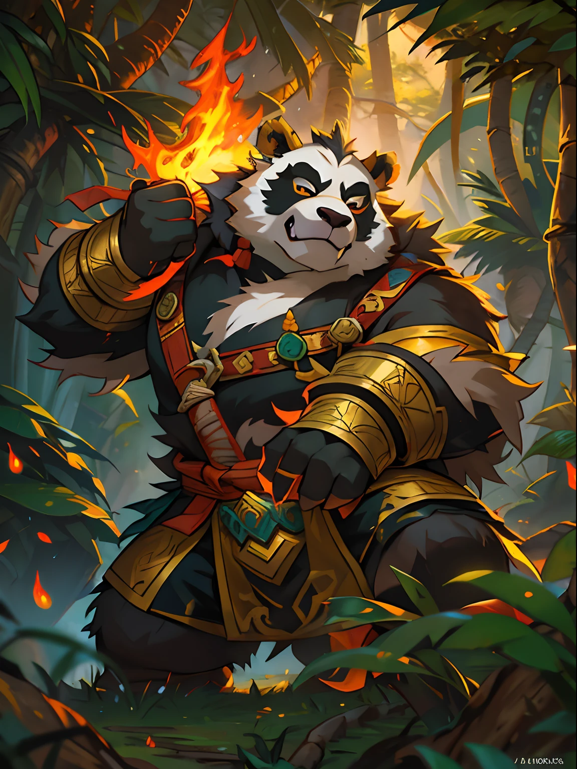 Pandaren martial artist，Heavy fur，world of warcraft，gaming character，bonfires，The background is deep in the jungle