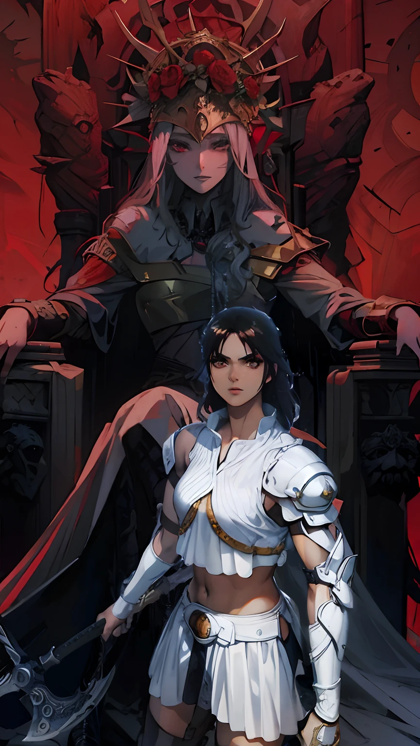 Black Haired Brunette Warrior Dressed In A Silver Gothic Armor Holding An Axe In One Hand In Front Of Goddess Persephone Seated On A Throne 4k,hd