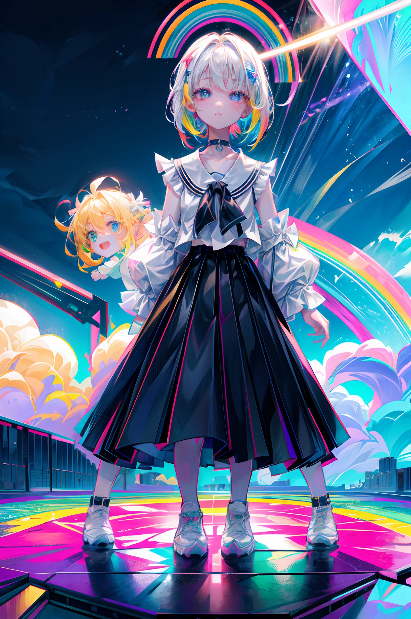 Rainbow on background、Irridescent color、colourfull、top-quality、超A high resolution、(Photorealsitic:1.4)、Female 1 Person、Sleeveless white buttoned shirt、Black skirt、Black Choker、cute little、(Kpop Idle)、(attractiveness:1)、(Platinum Blonde Hair:1)、((Puffy eyes))、Look at the viewer、full body Esbian、Facing the front