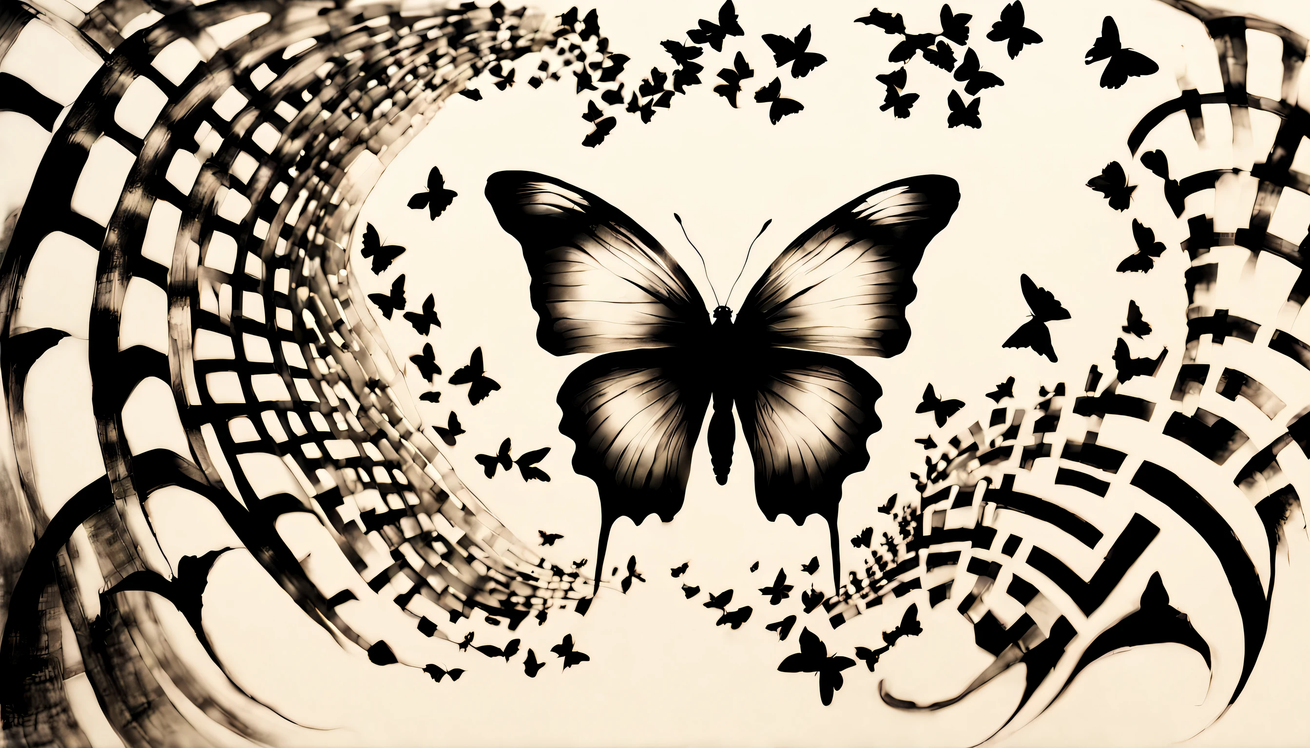 Hyperdetailed sumi-e, entitled ("Butterfly effect"), butterfly, (koan), matte, organic, understated, (meditative: 1.2), (harmonic), cerebral, (interconnected), (introspective), psyche, balanced and reciprocal, recursive, super-symmetry, [labyrinth], concept,