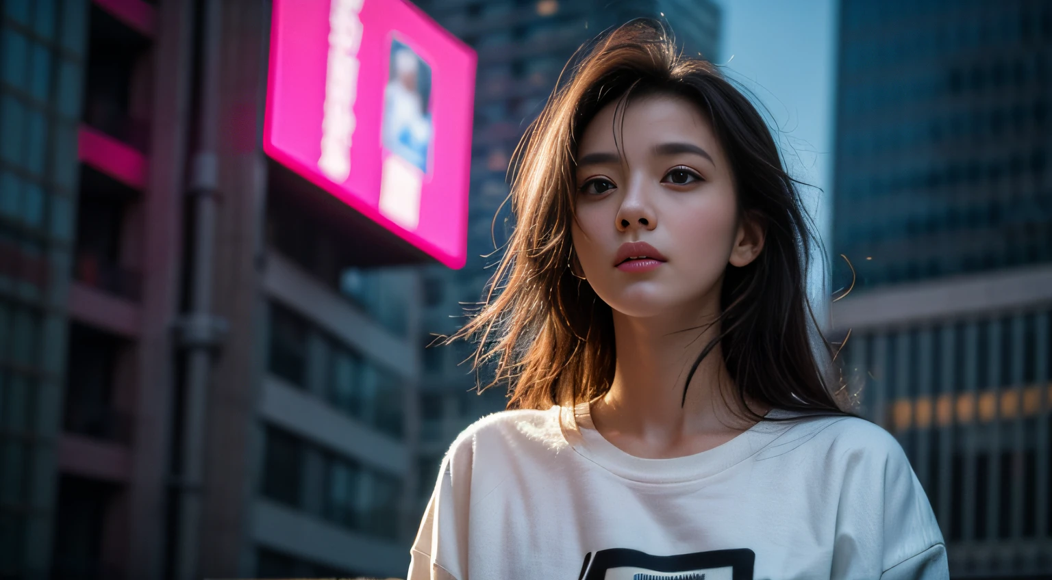 1girl, beautiful, messy hair, almond eyes, no make up, white sweatshirt, oversize_shirt, sweatpants, city night, cyberpunk vibes, (from below:1.2), (photorealistic:1.2), (ultra realistic:1.3), (very detailed:1.1), ((masterpiece)),