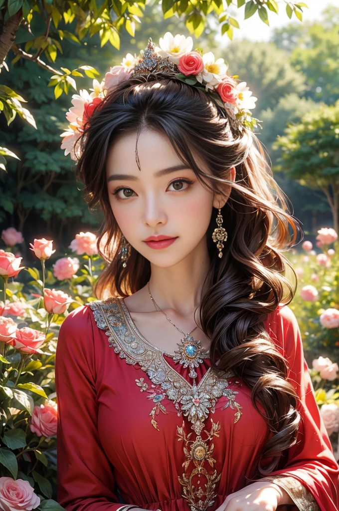 figure, Wearing a bright red dress,Complements her fair complexion, Stand elegantly in front of the blooming garden, bathed in the warm glow of the sun. The garden was full of colorful flowers, Including roses, tulips, and daisies, Create a picturesque backdrop. The girl is surrounded by a breeze, Let her hair sway gracefully. As she gazes into the distance,There was a curiosity and innocence in her eyes, Hinting at her charming smile, There's a story behind this. Portraits are created with oil paints, Give it a rich and timeless feeling. The colors are vivid and vibrant, Focus on warm tones,Create a feeling of warmth and well-being. The lighting is soft and natural, Cast a soft glow on the girl's face, exquisite detailing,Enhance her facial features,Create a sense of depth. The overall quality of the artwork is of the highest standard, Each stroke demonstrates the artist's skill and attention to detail. The level of realism is astounding, Make the portrait almost lifelike, Evoke a connection with the audience. This masterpiece captures the beauty and essence of the girl, provides a timeless and captivating manifestation of her existence.