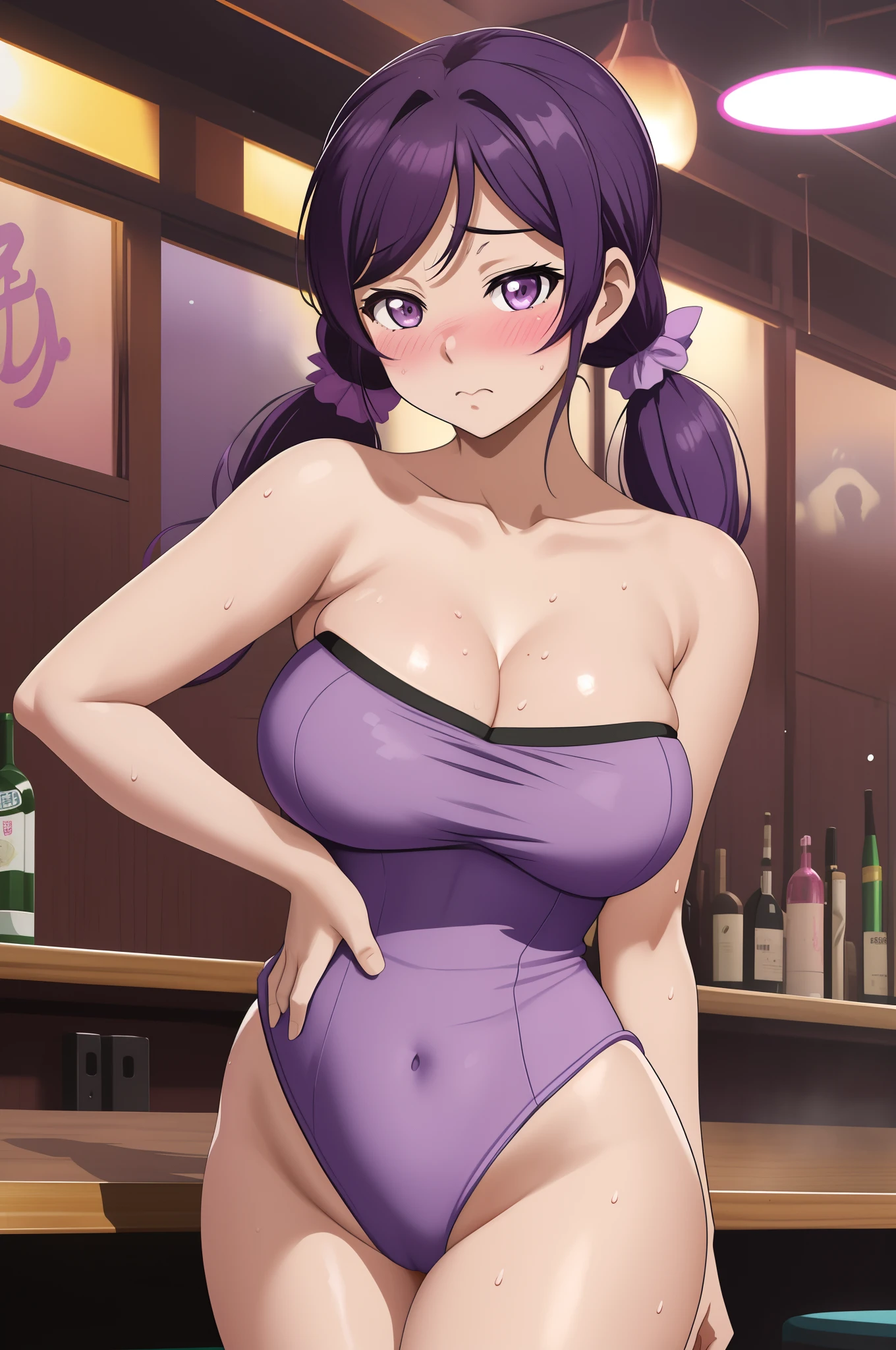 Toujo nozomi,low twintails, tight, huge breasts, Blushing, (light purple strapless leotard:1.2), curvy body , standing , crowded bar, cowboy shot, sweating, sweat drops, embarrassed pose, pussy