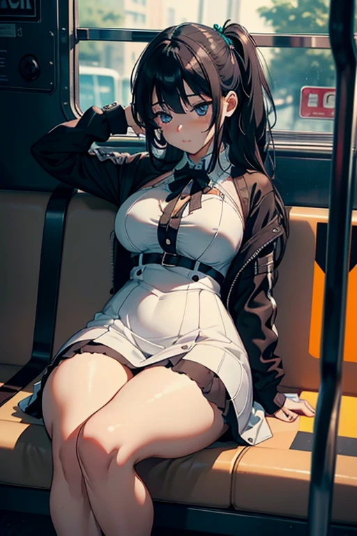 ultra realista 8k CG, master part, 1girl,emo girl, cute face, thick thighs, big tits, dress, asleep on bus,