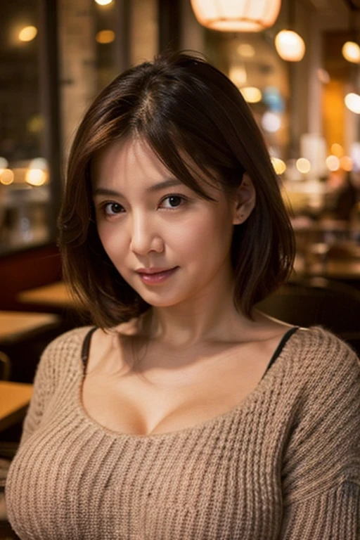 Close-up 50-year-old plump wife with huge breasts is seducing me while looking at me in a café at night wearing a sweater with huge breasts that are about to spill out.