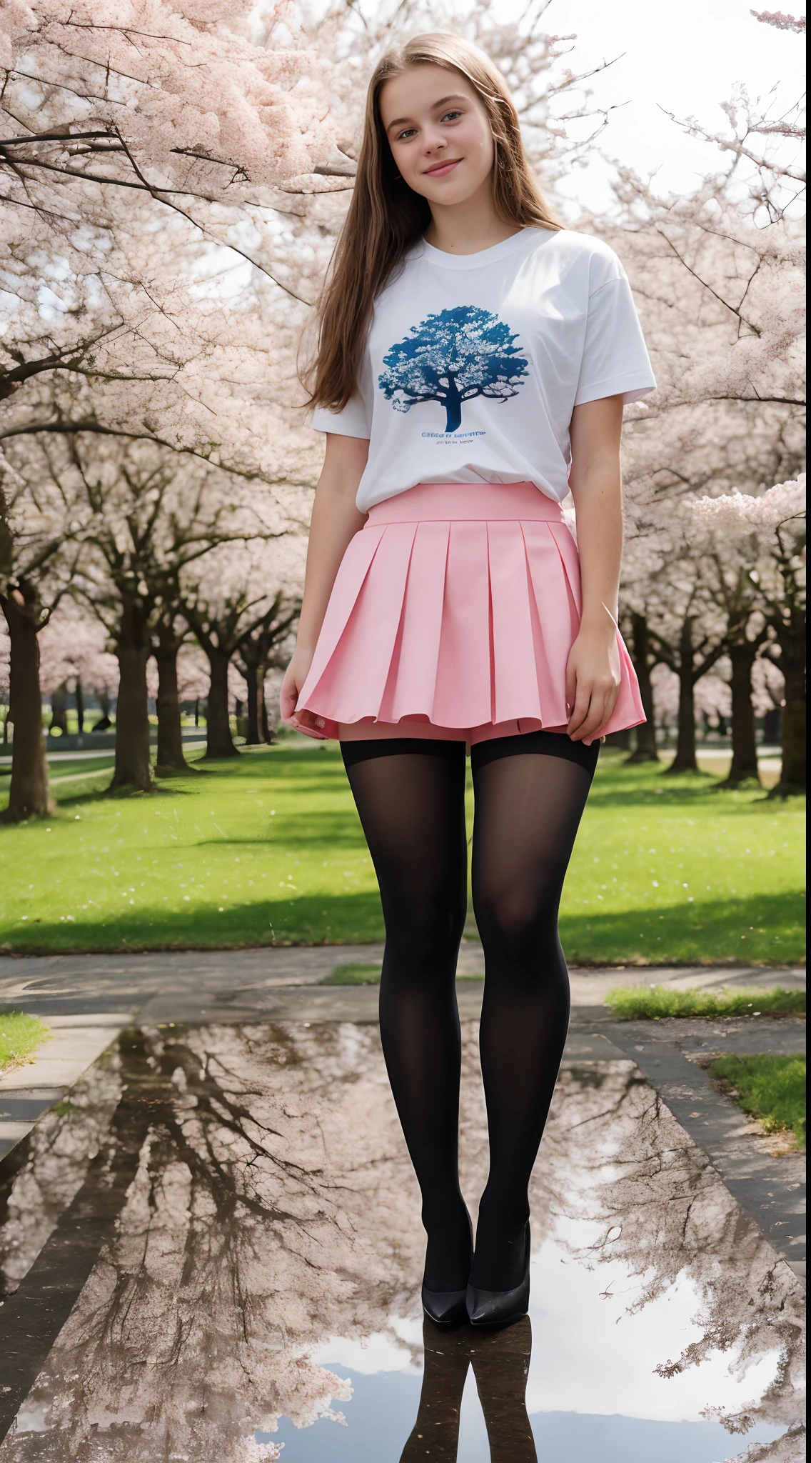 16 year old pre-teen, European, Blonde, Small breasts, Big eyes, Long legs, close-up of thighs, t-shirt, tiny skirt, (tights), heels, park background, trees, cherry blossoms, floor wet with reflections, ray tracing, HDR