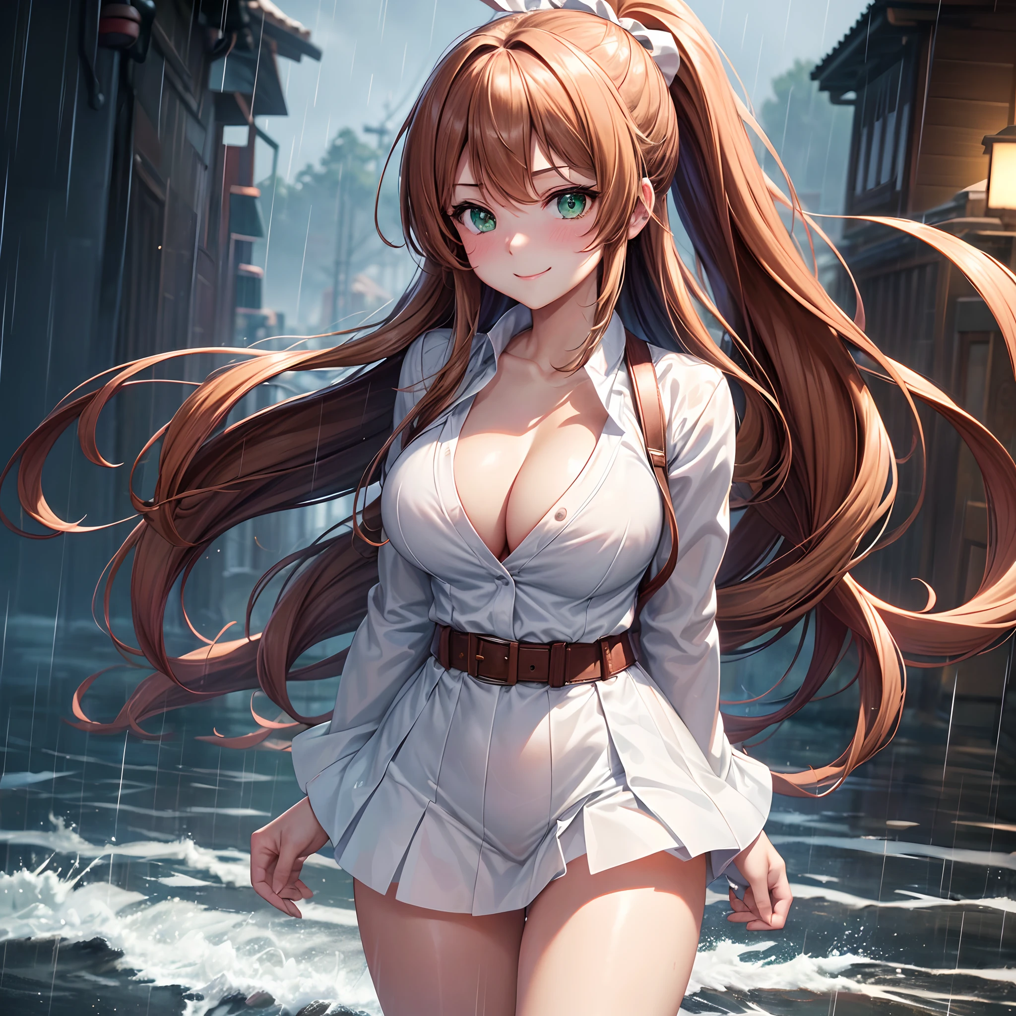 masutepiece, Best Quality, Official art, (Highly detailed CG Unity 8k wallpaper), Detailed background, (hand of Guido Daniele: 1.1), foot out of frame, One-person viewpoint, 1, Attractive and perfect beautiful woman, Schoolgirl, nffsw, Schoolgirl Uniform, rainy day, Lots of rain, Windy, (Curvaceous), ( White thighs: 1.12), (Brown Long Hair: 1.12), (Ahoge (1.13), (High Ponytail: 1.12), (Green eyes: 1.13), Big, (cleavage), Beautiful face, (blush: 1.11), (Smile: 1.11)